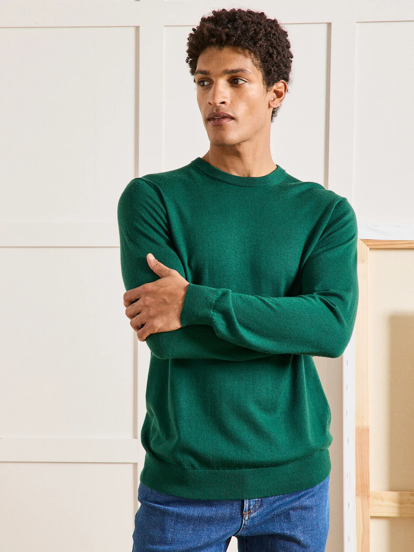 Pull fin col rond laine mérinos Vert