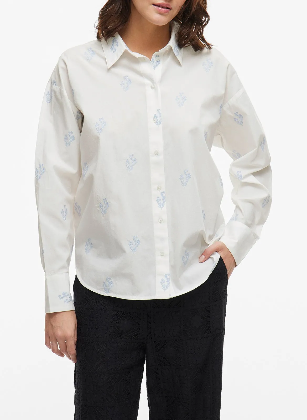 Chemise droite boutonnée fleurie Blanc