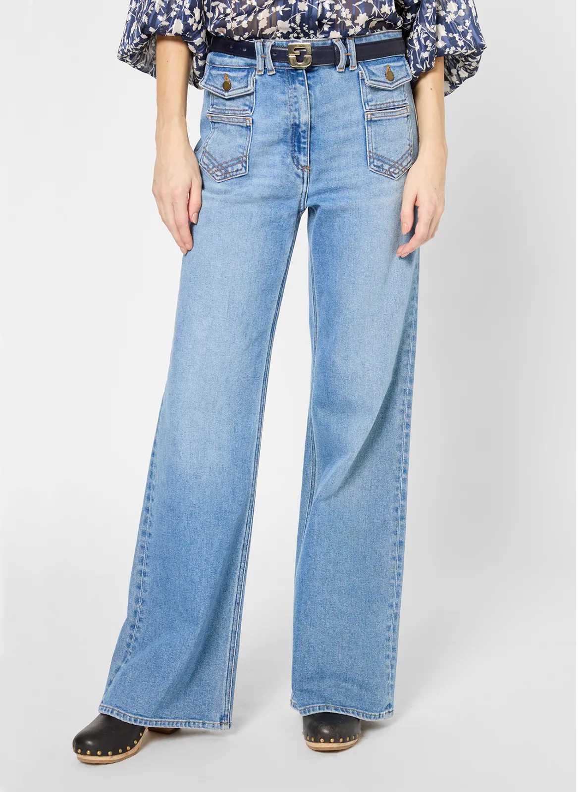Jean flare taille haute en coton délavé Bleu ANNA