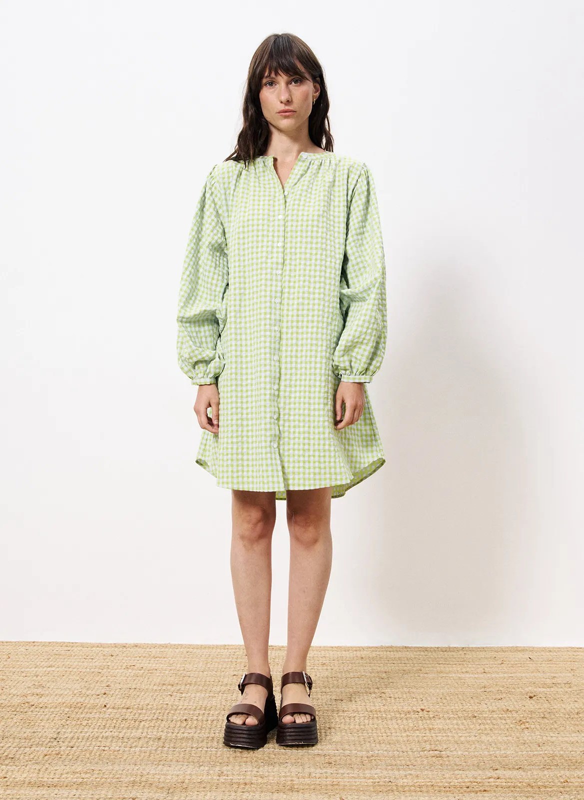 Robe courte col rond en coton mélangé Vert NOELY