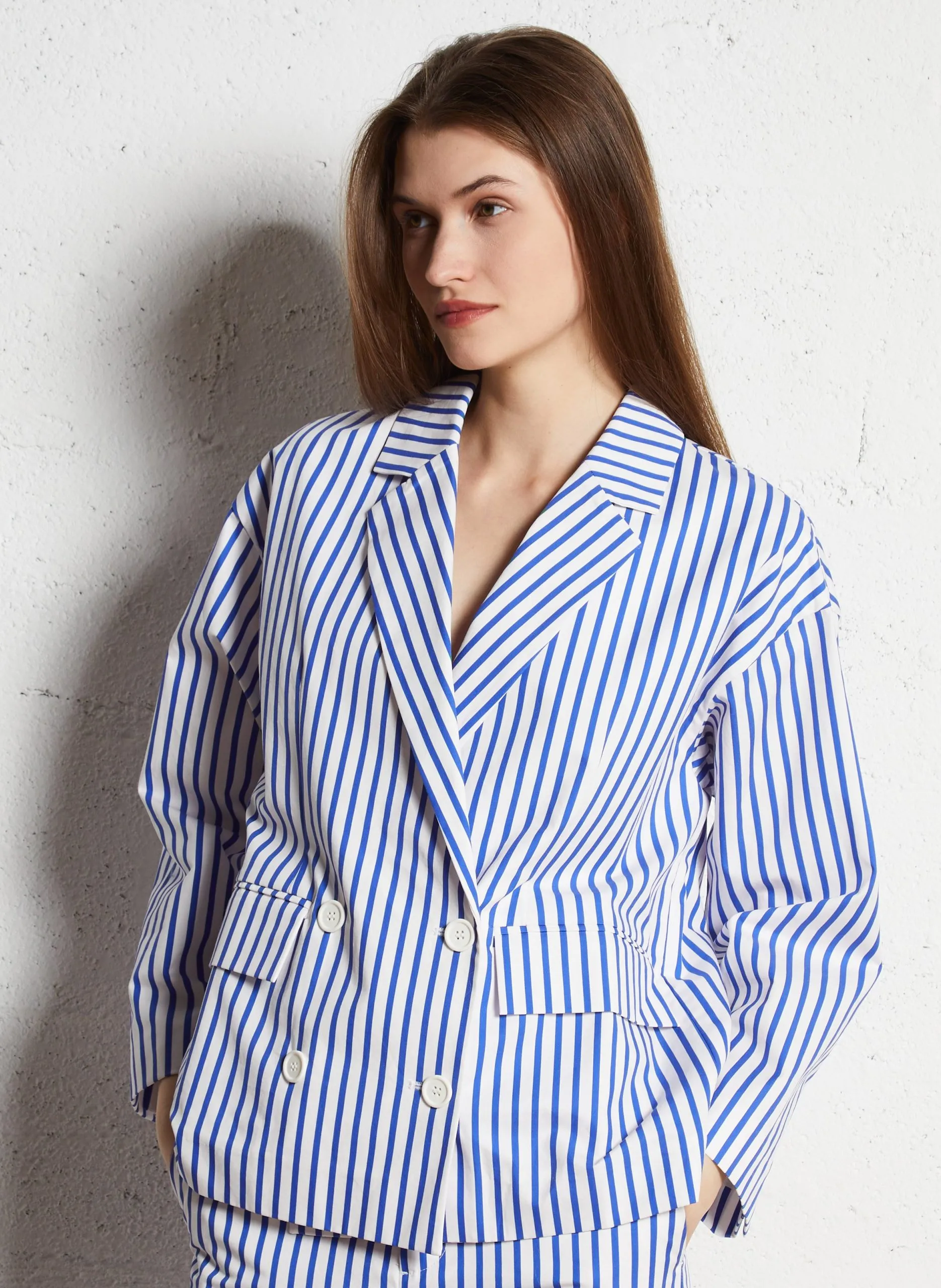 Veste de tailleur à rayures en coton Bleu