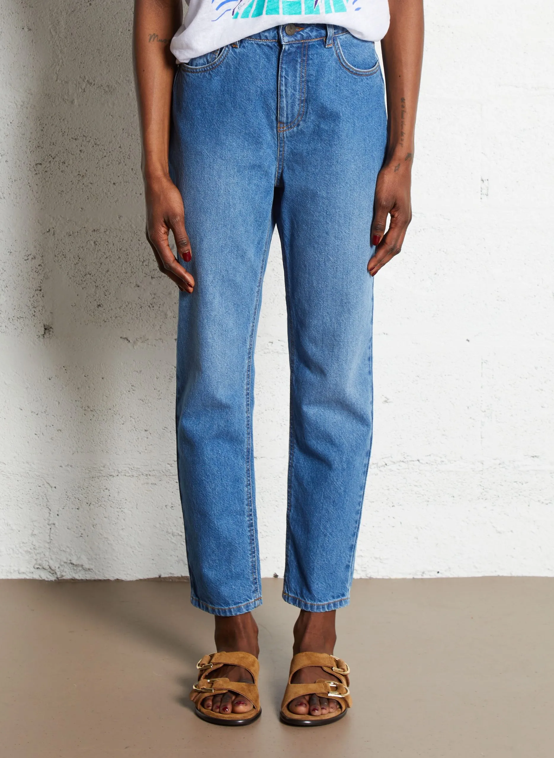 Jean mom 7/8ème en coton Bleu TAYLOR