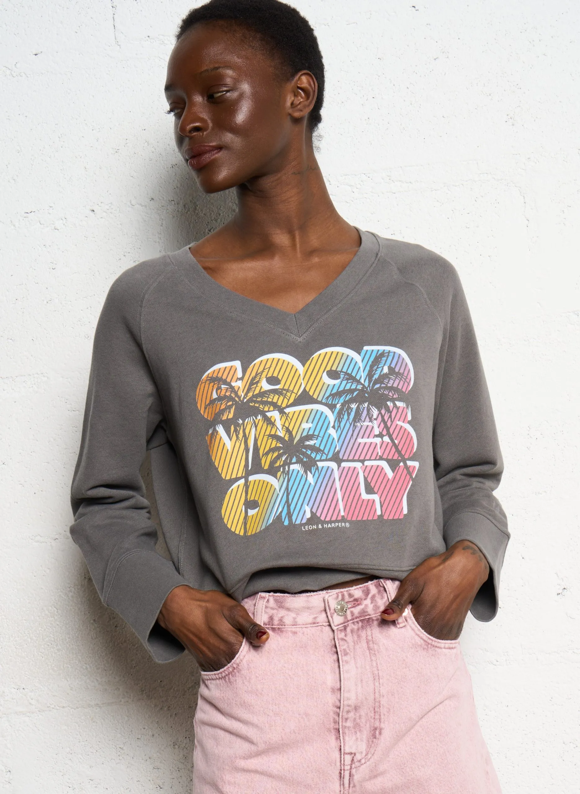 Sweat col v sérigrapié en coton organique Gris SHAVI