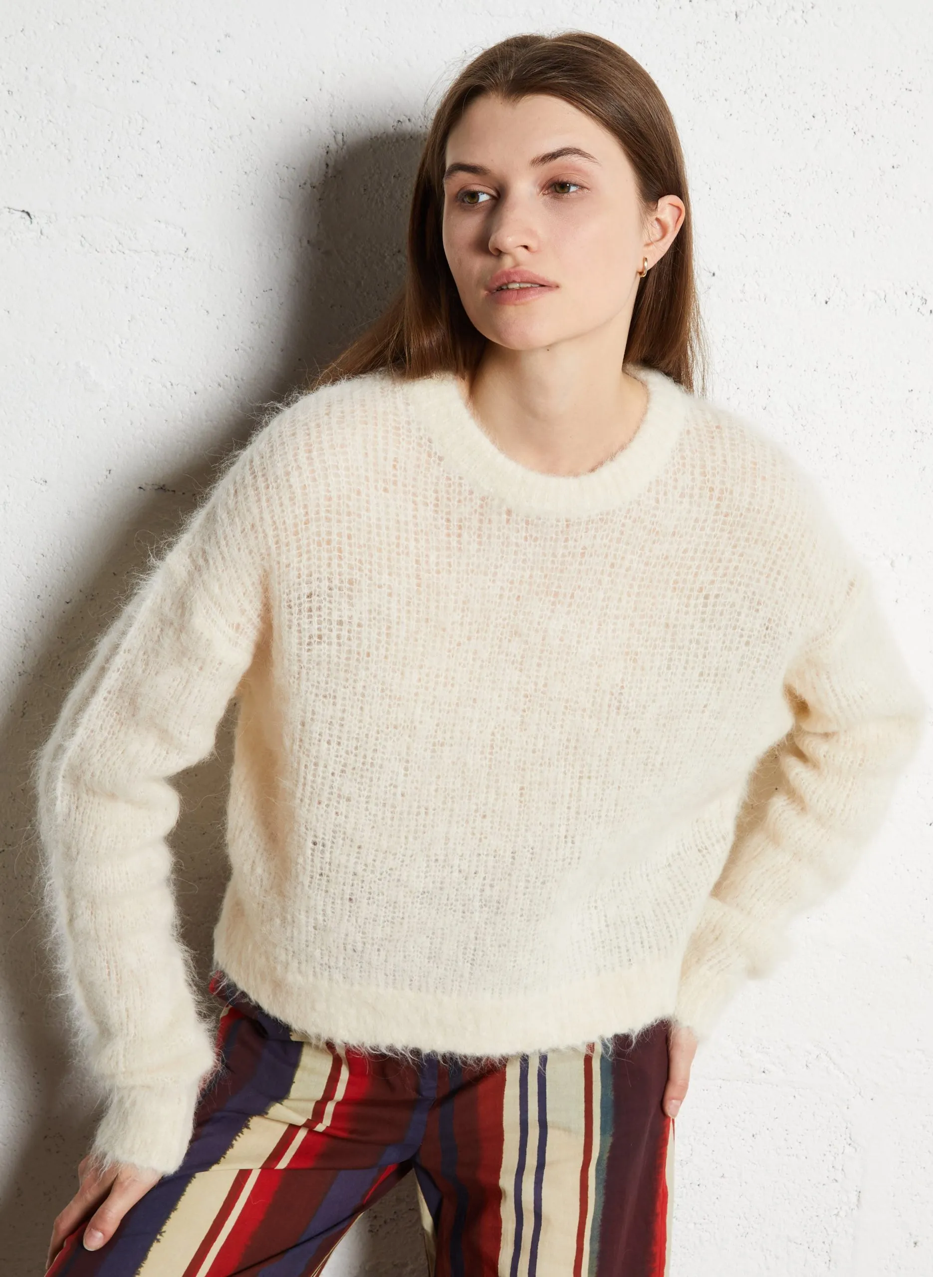 Pull rayé en laine mélangée Beige BYMI