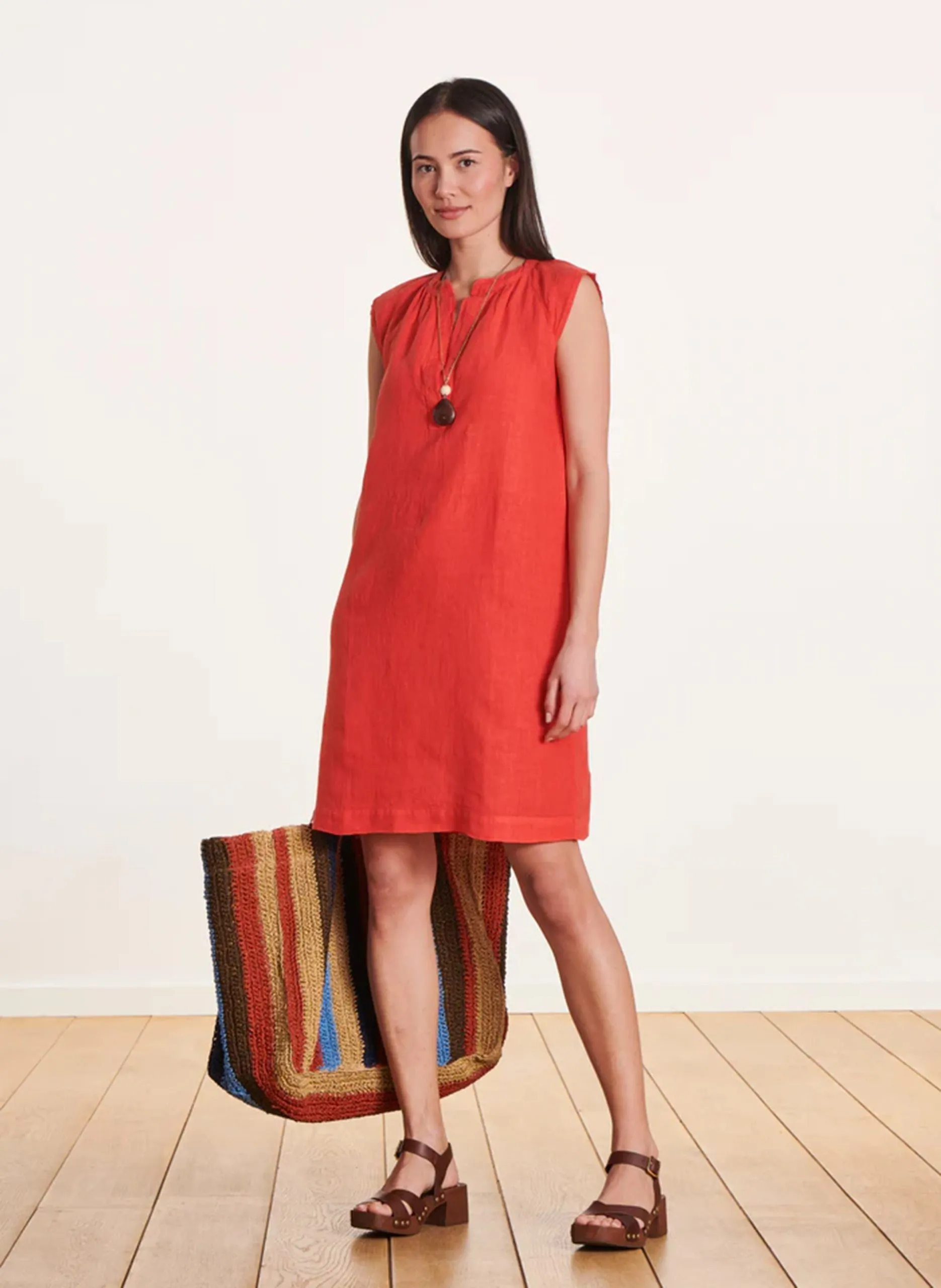 Robe courte col tunisien en lin Multicolore