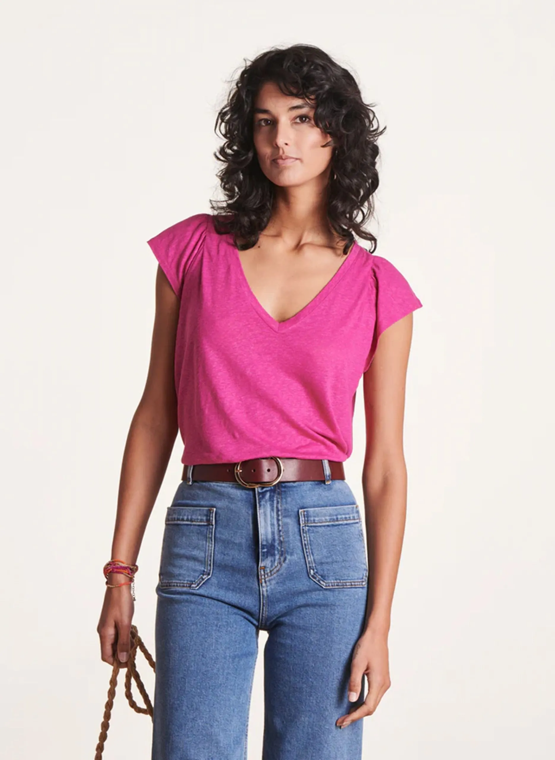 Tee-shirt droit col v Rose