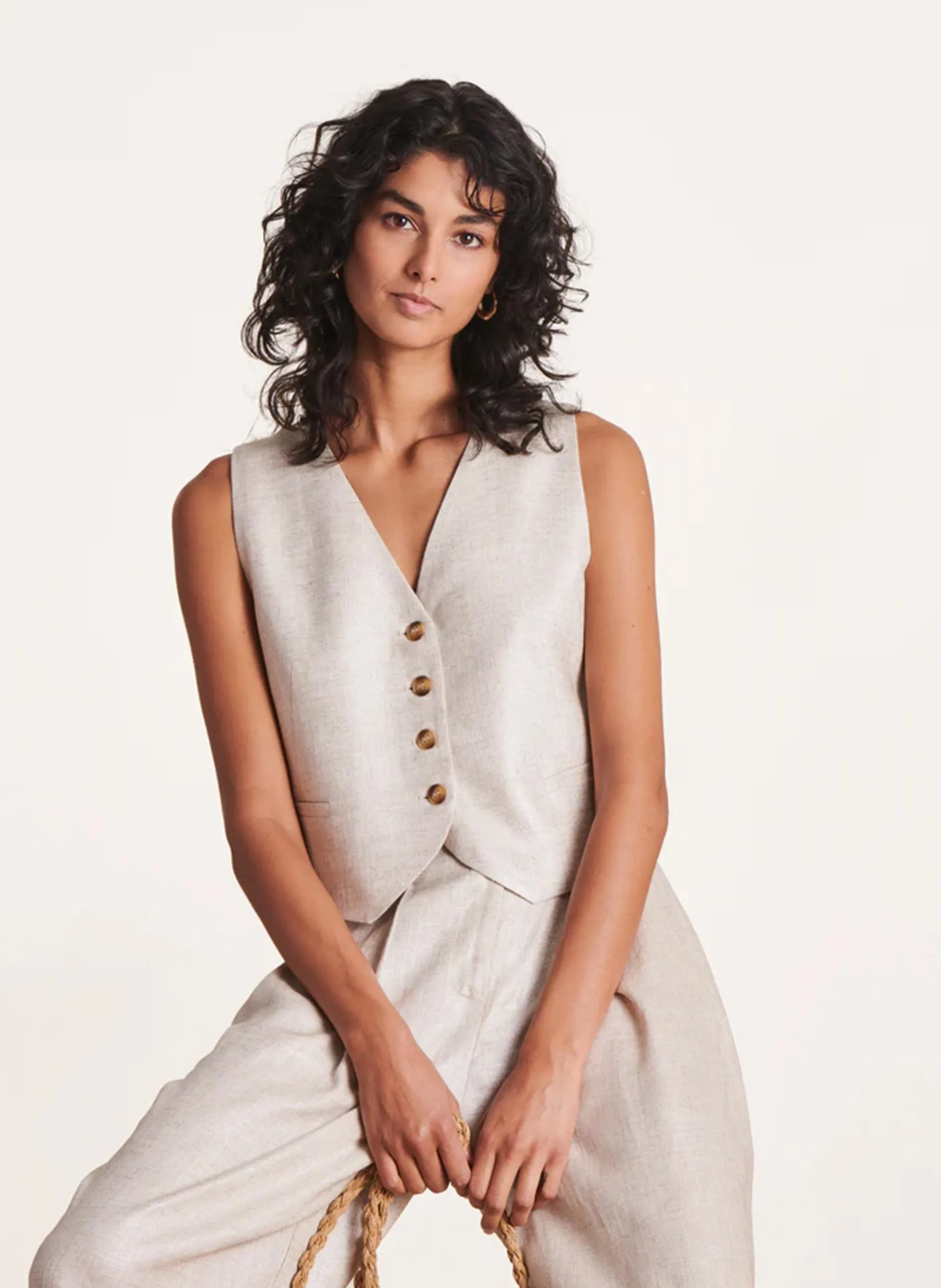 Gilet tailleur boutonné en lin mélangé Beige
