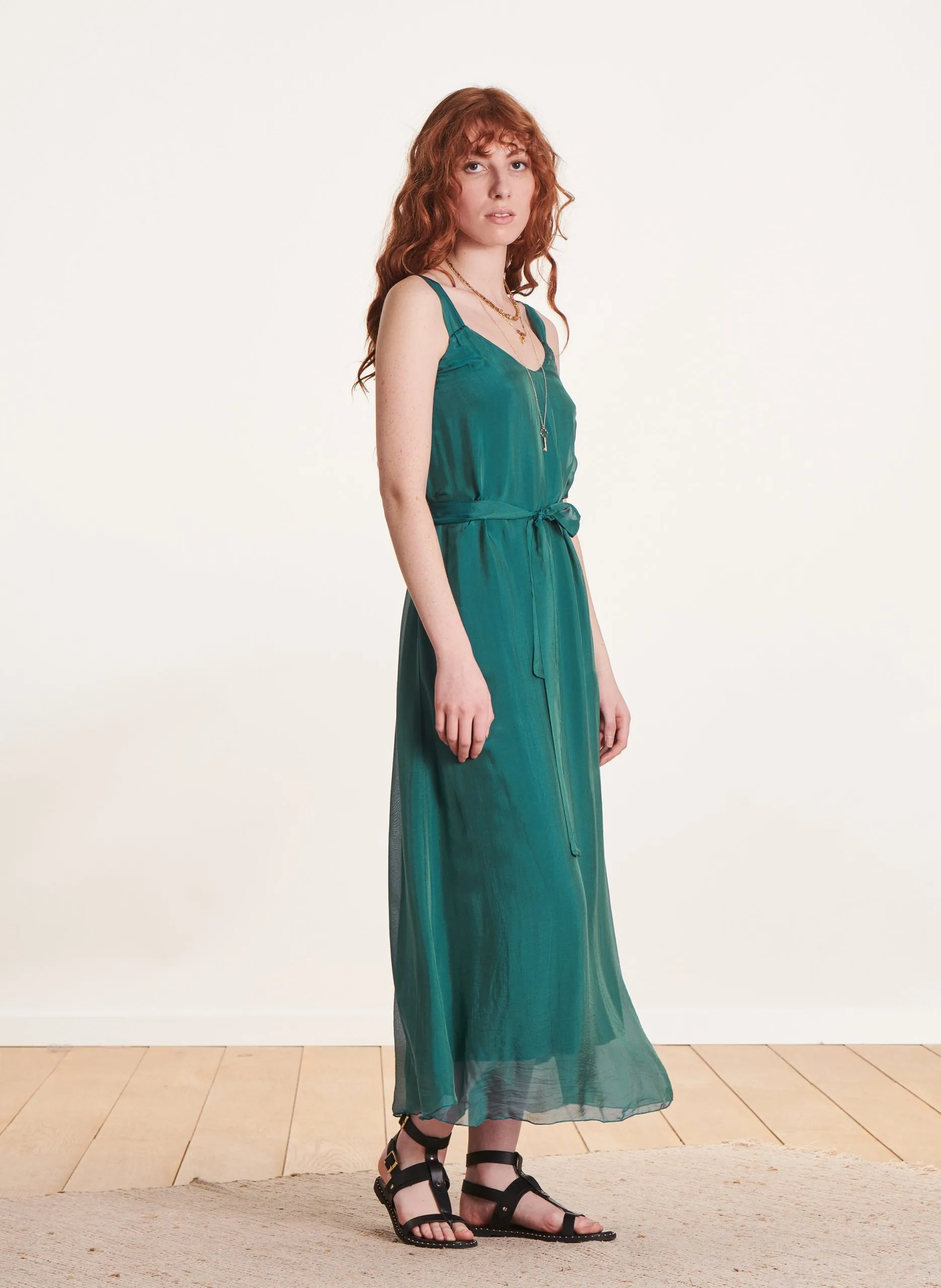 Robe longue col V Bleu