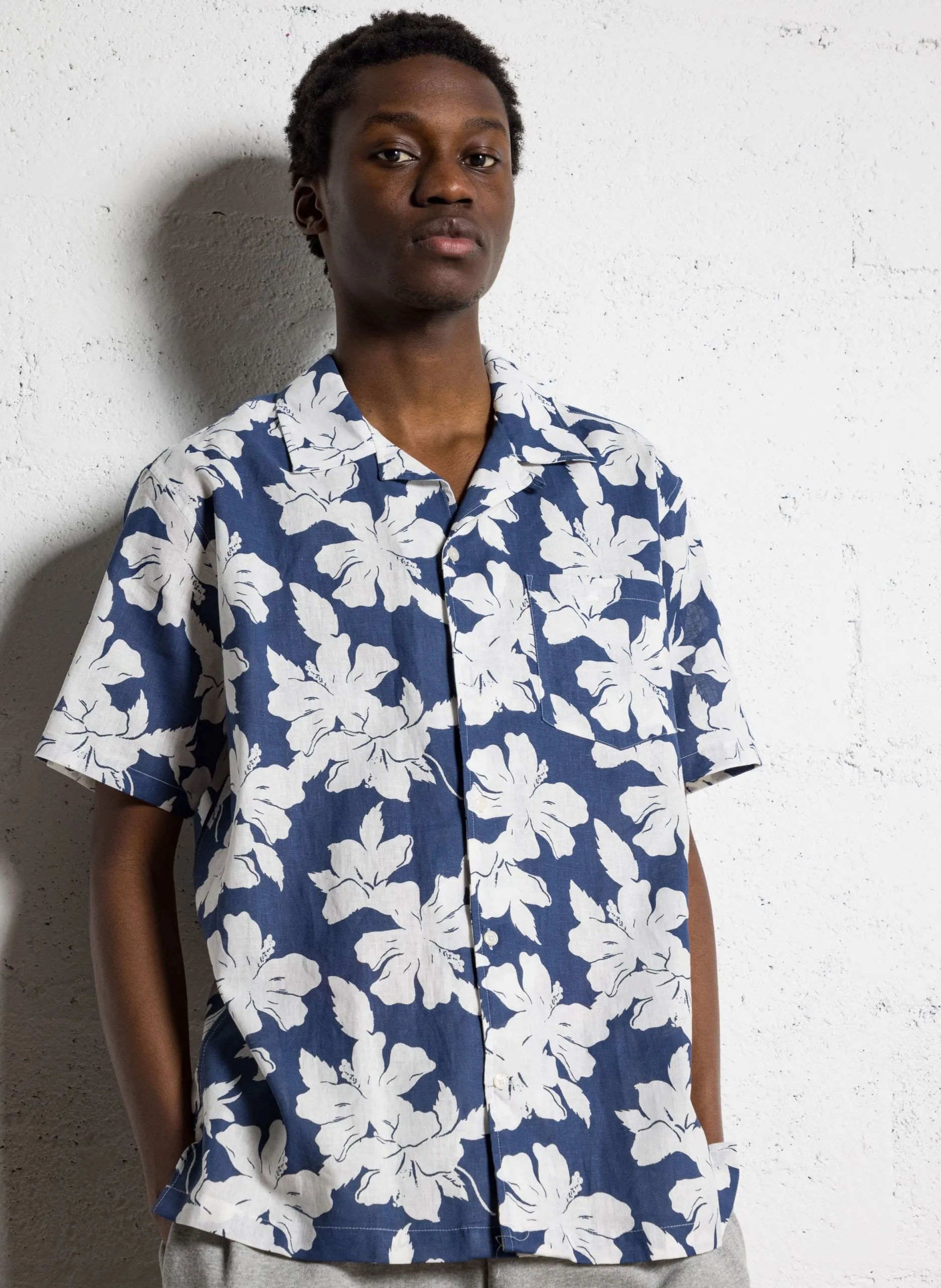 Chemise col classique en lin mélangé Bleu