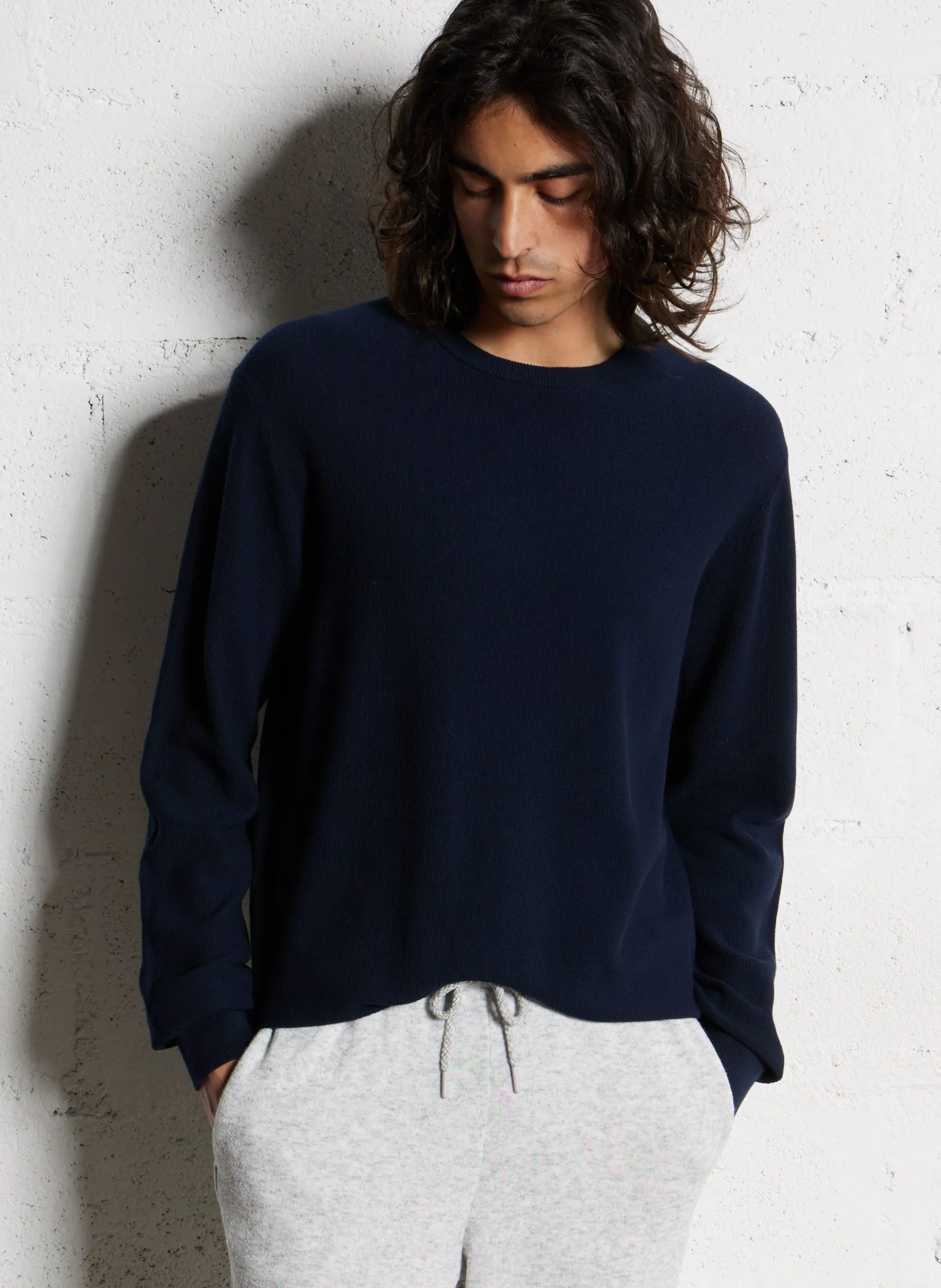 Pull col rond en coton Bleu PIQUE CREW
