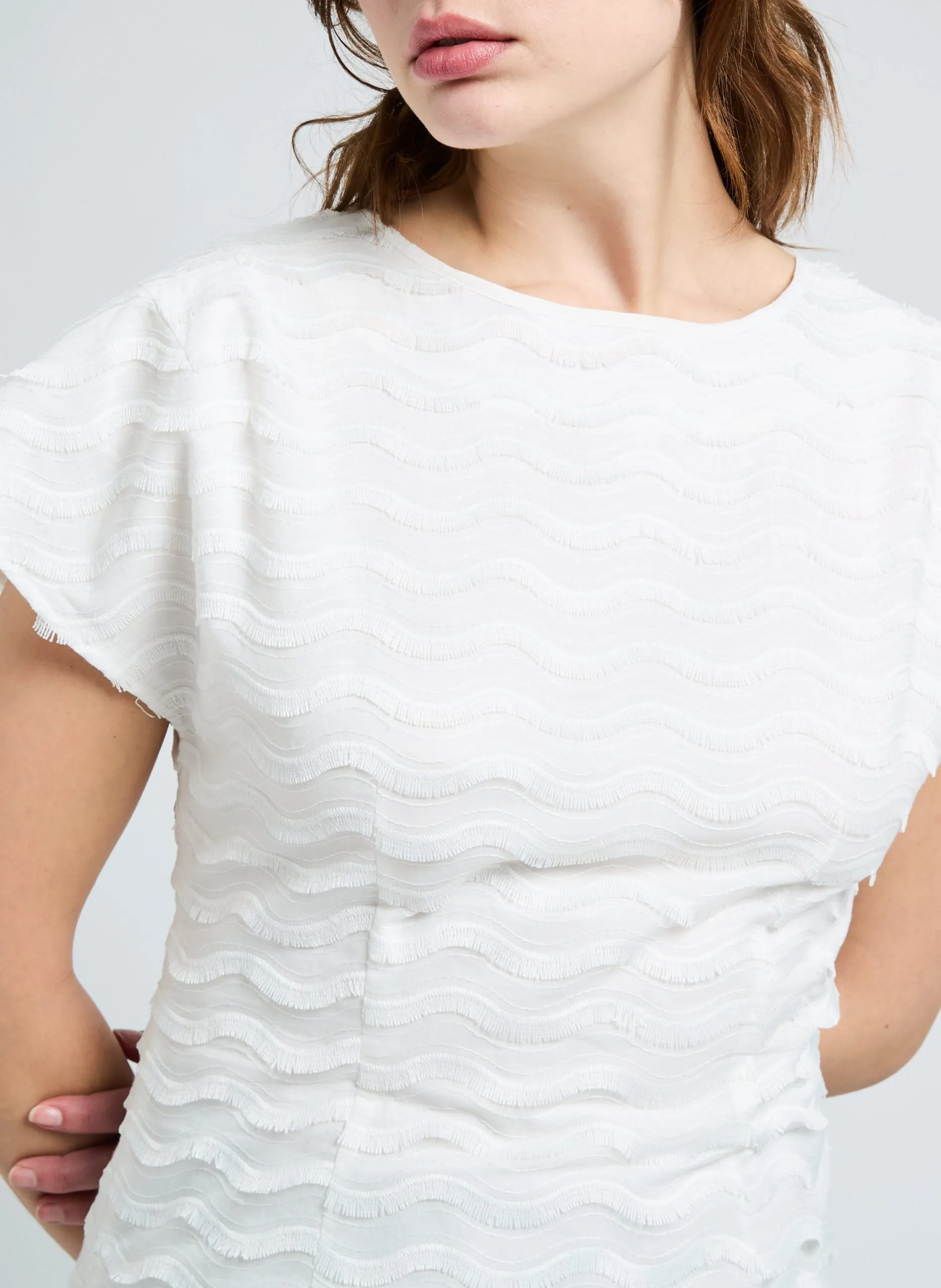 Top cintré manches courtes à franges Blanc VRIEL