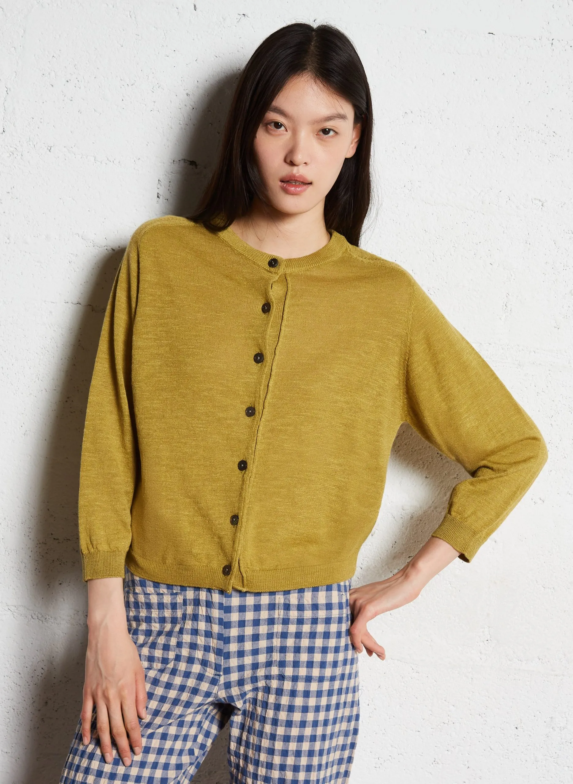 Gilet droit col rond en lin mélangé Doré NEETA