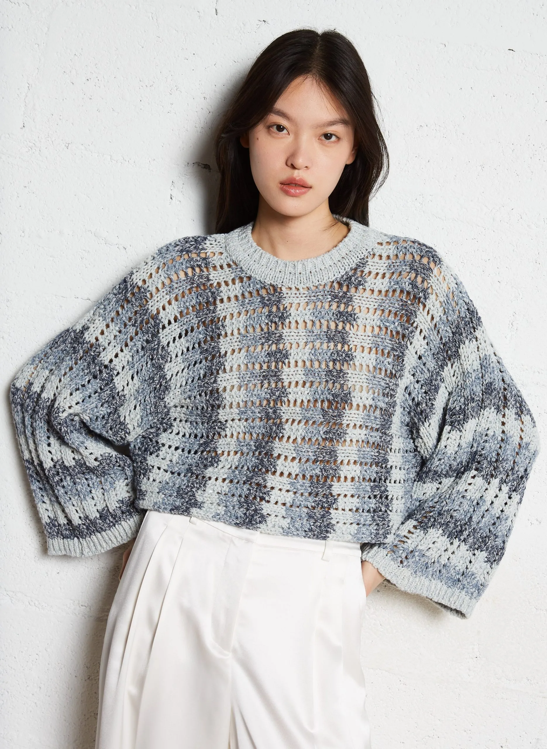 Pull court en maille ajourée Bleu STRECY