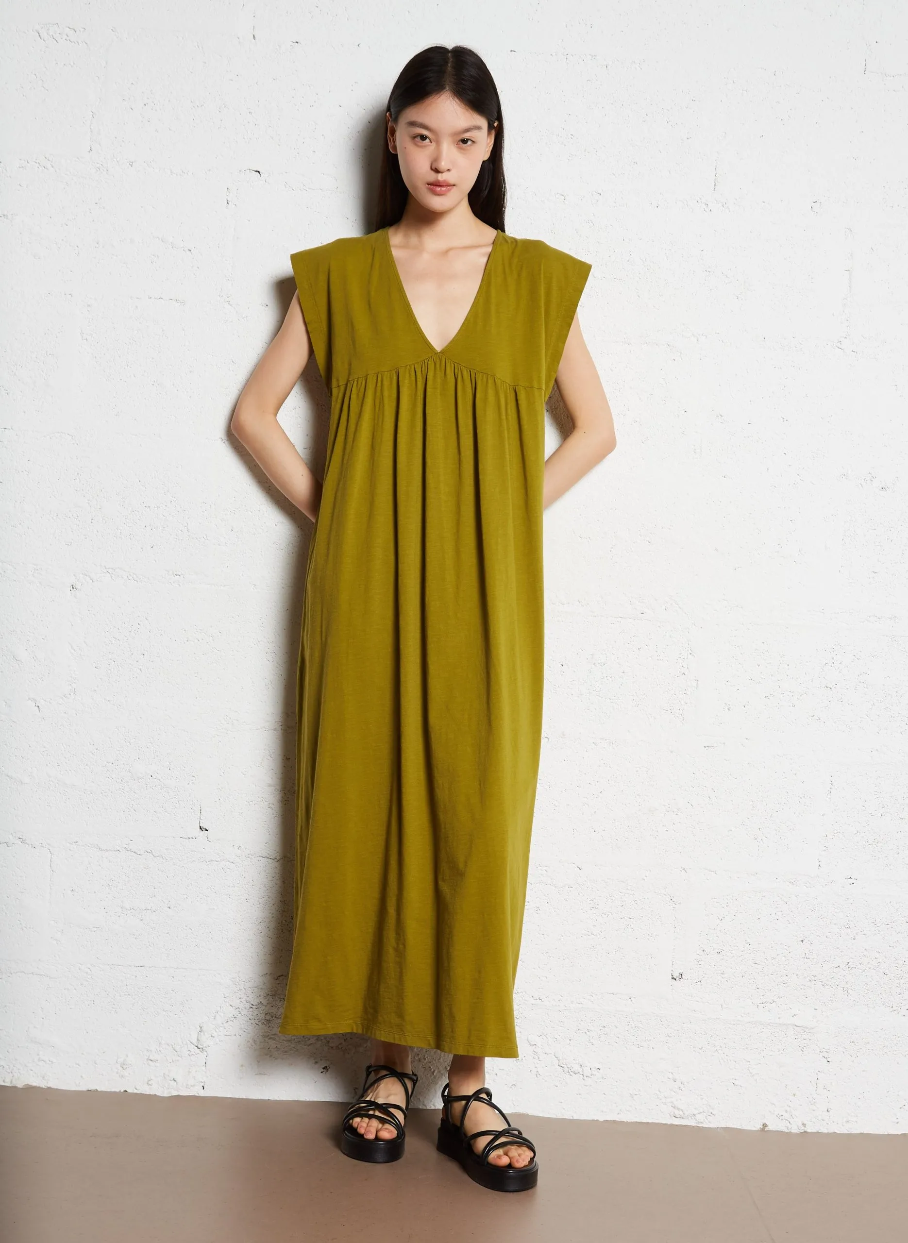 Robe longue col V en coton Vert ZANANA