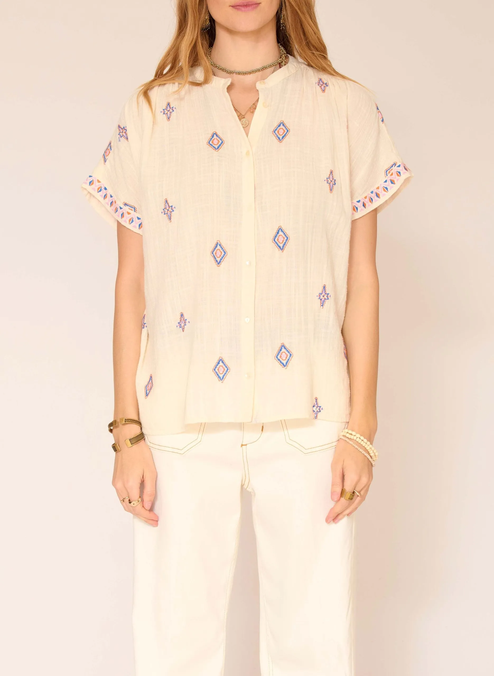 Blouse col rond en coton mélangé Beige CHIWOO