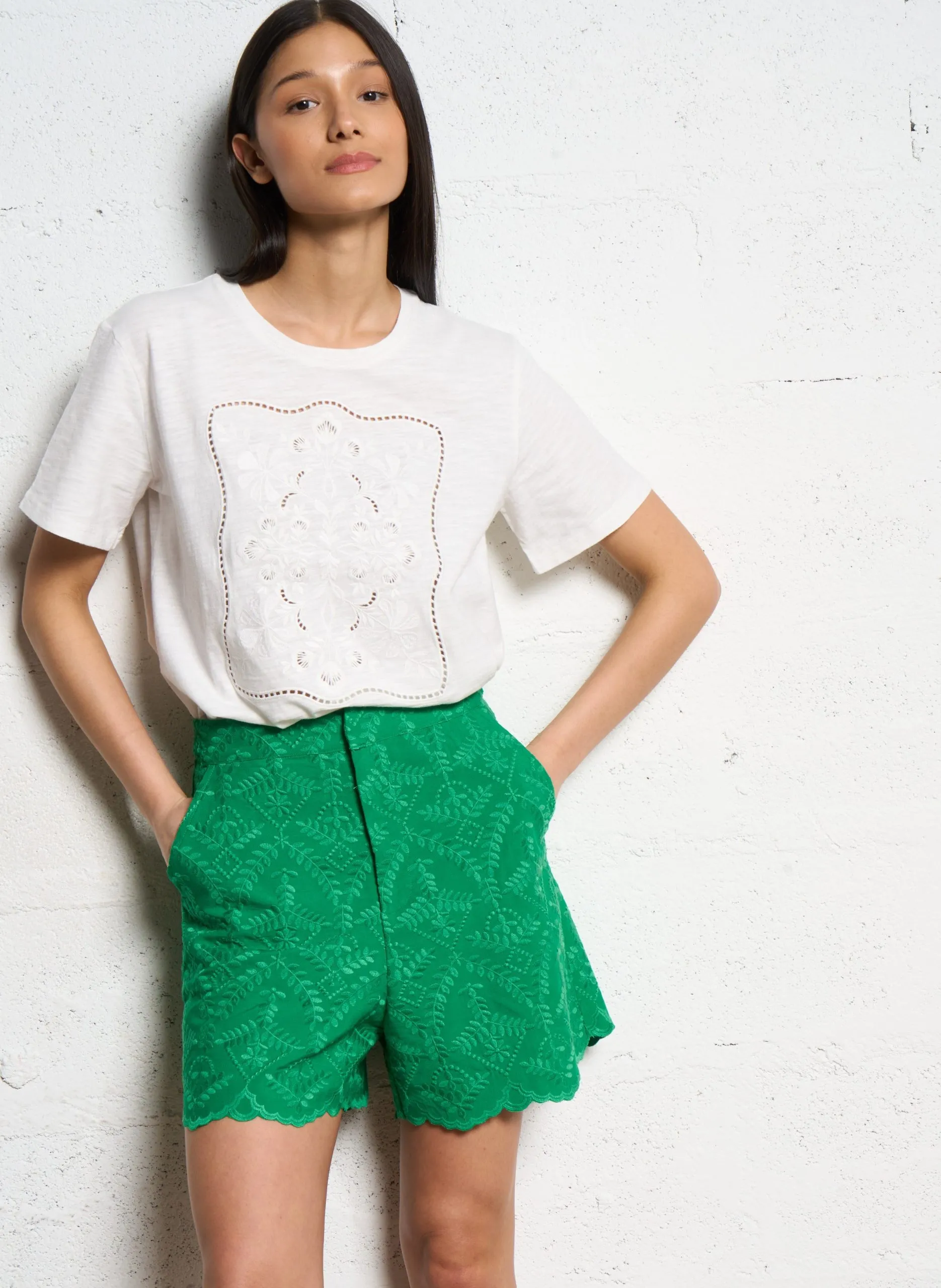 Tee-shirt col rond en coton Beige THESSA