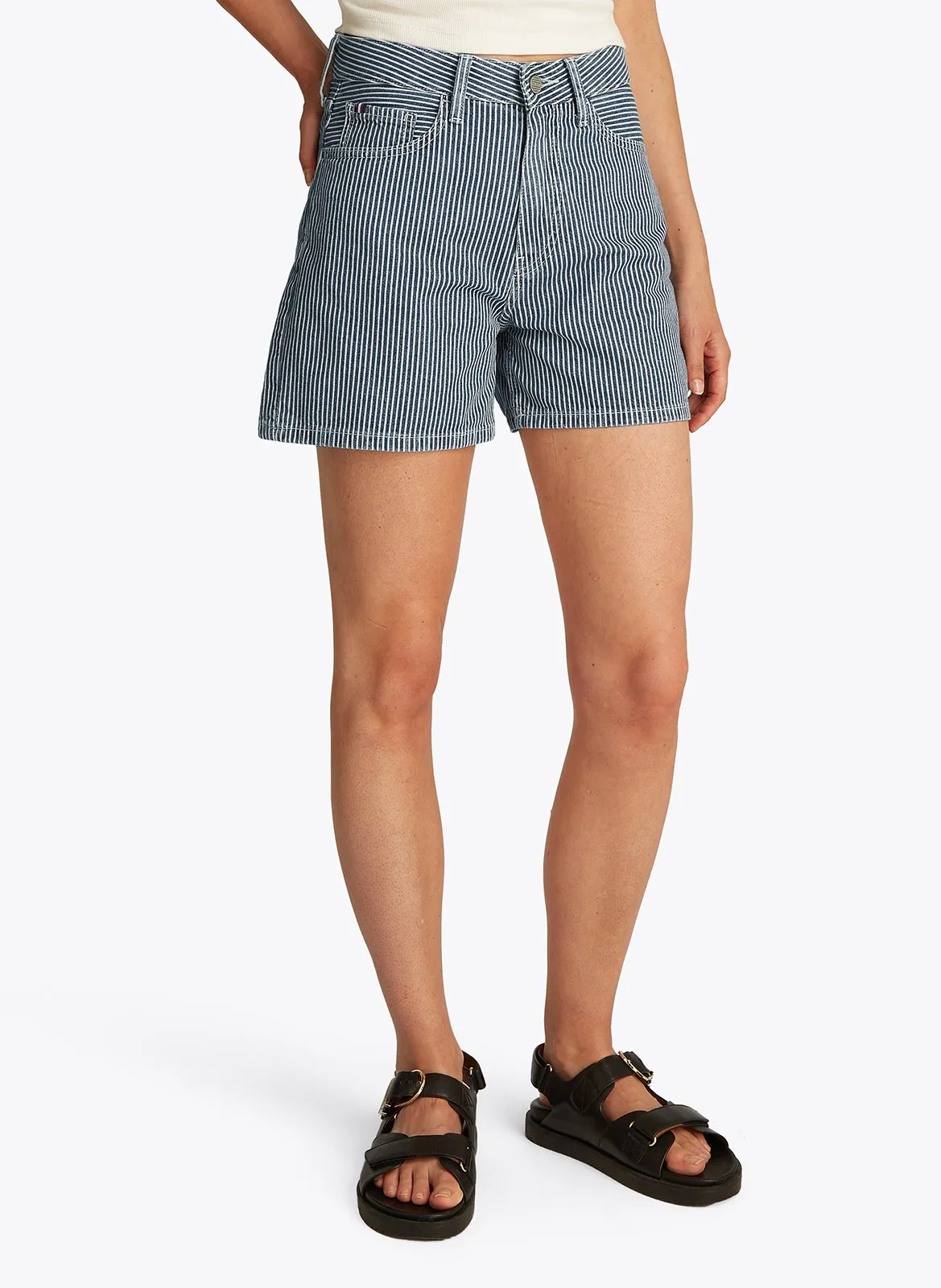 Short droit rayé en coton Bleu