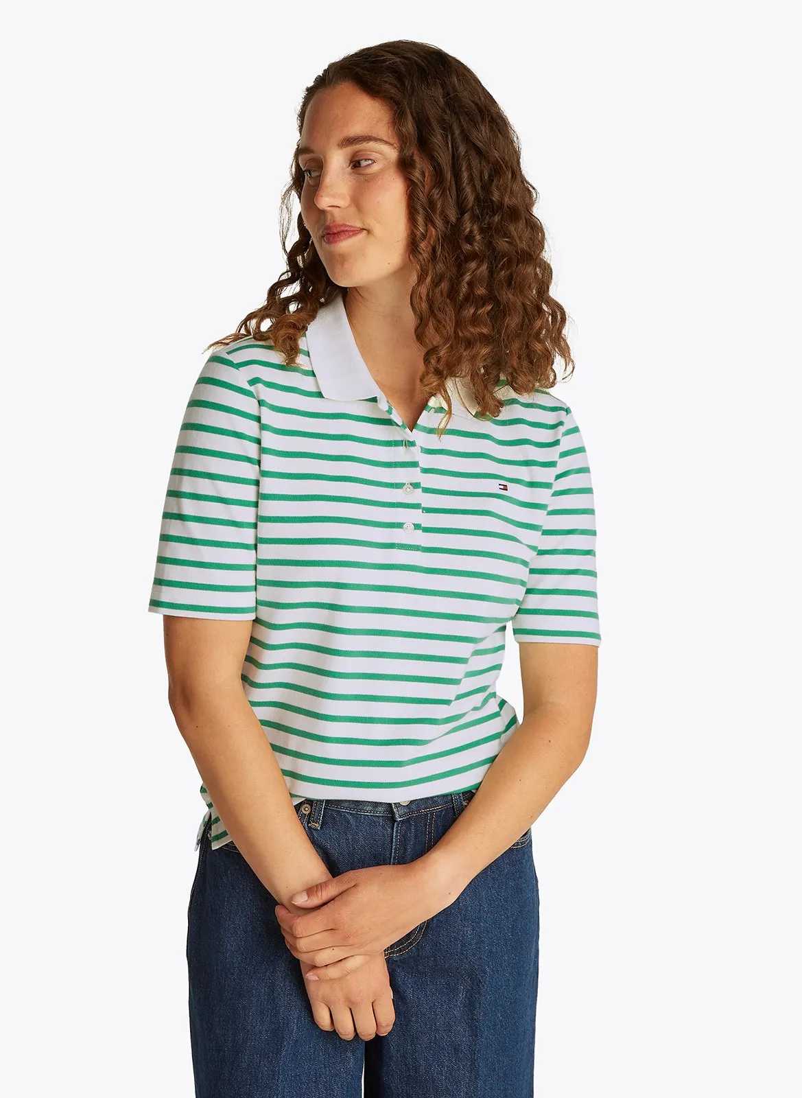 Polo rayé en coton mélangé Blanc