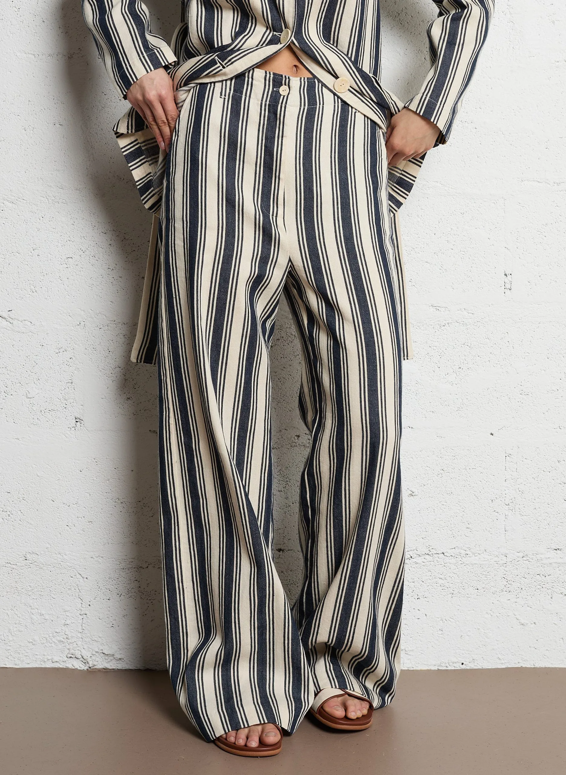 Pantalon évasé taille haute en coton mélangé Blanc POMEO