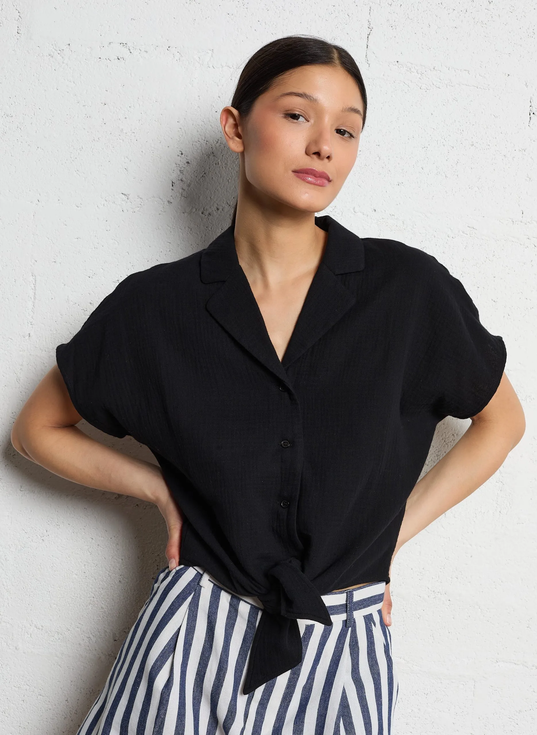 Top col tailleur en coton Noir WOOD