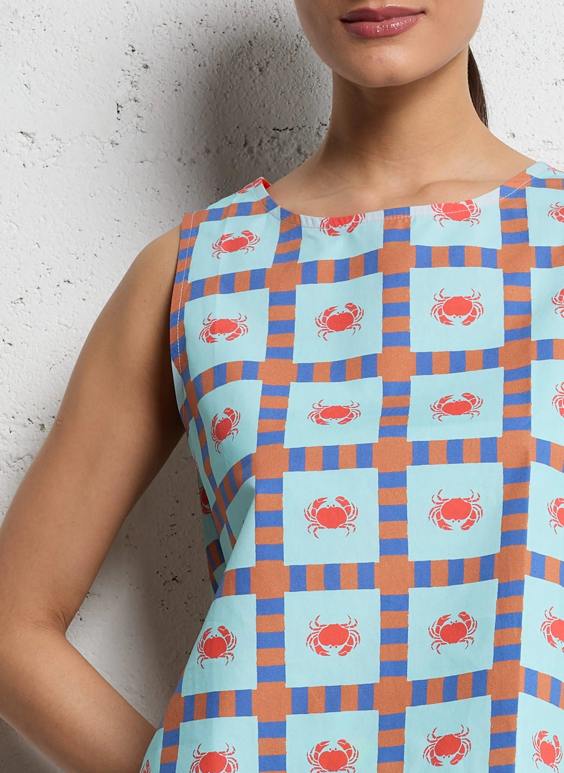 Top col rond droit en coton imprimé Bleu ANA