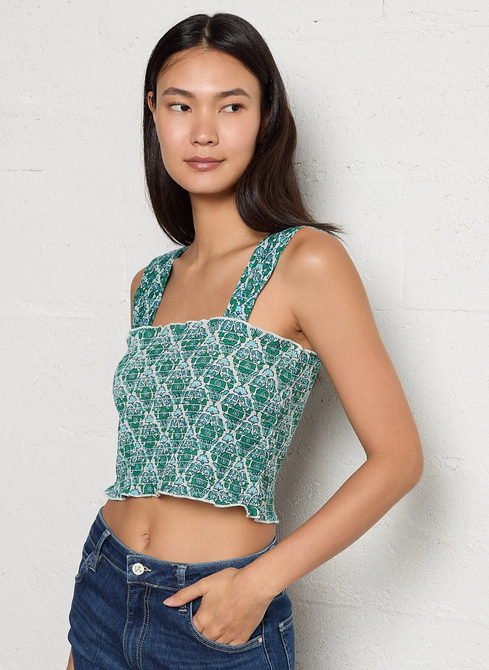 Top encolure carré en coton Vert TIKKA