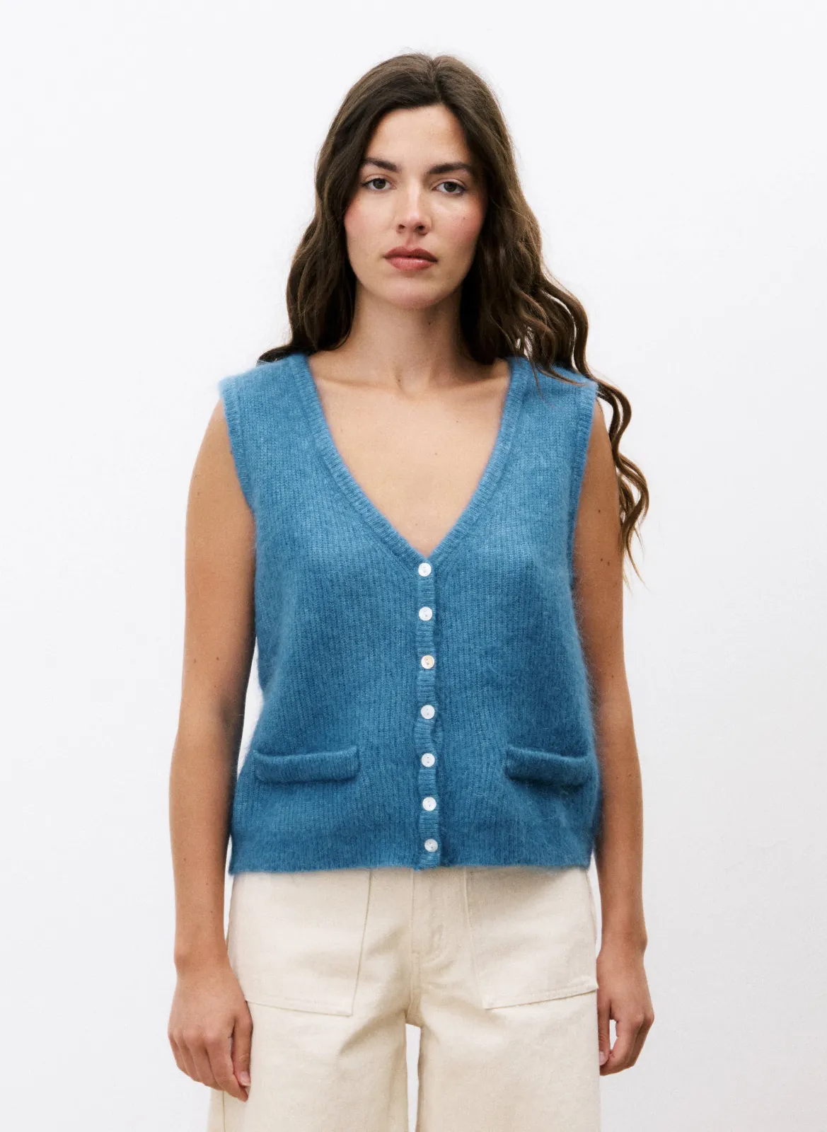 Cardigan col v sans manches Bleu MELIZA
