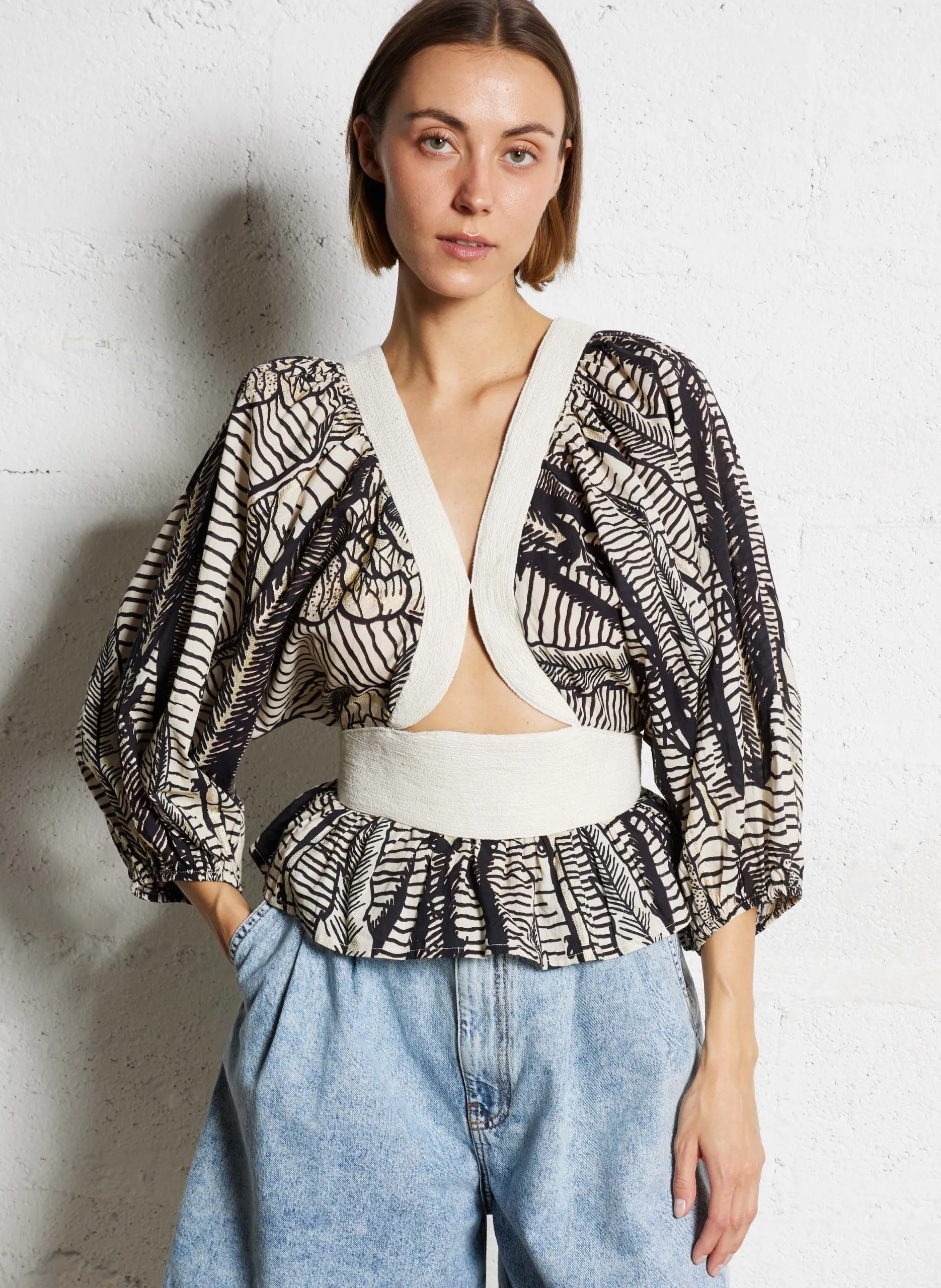 Top col v imprimé en coton Marron DALMA