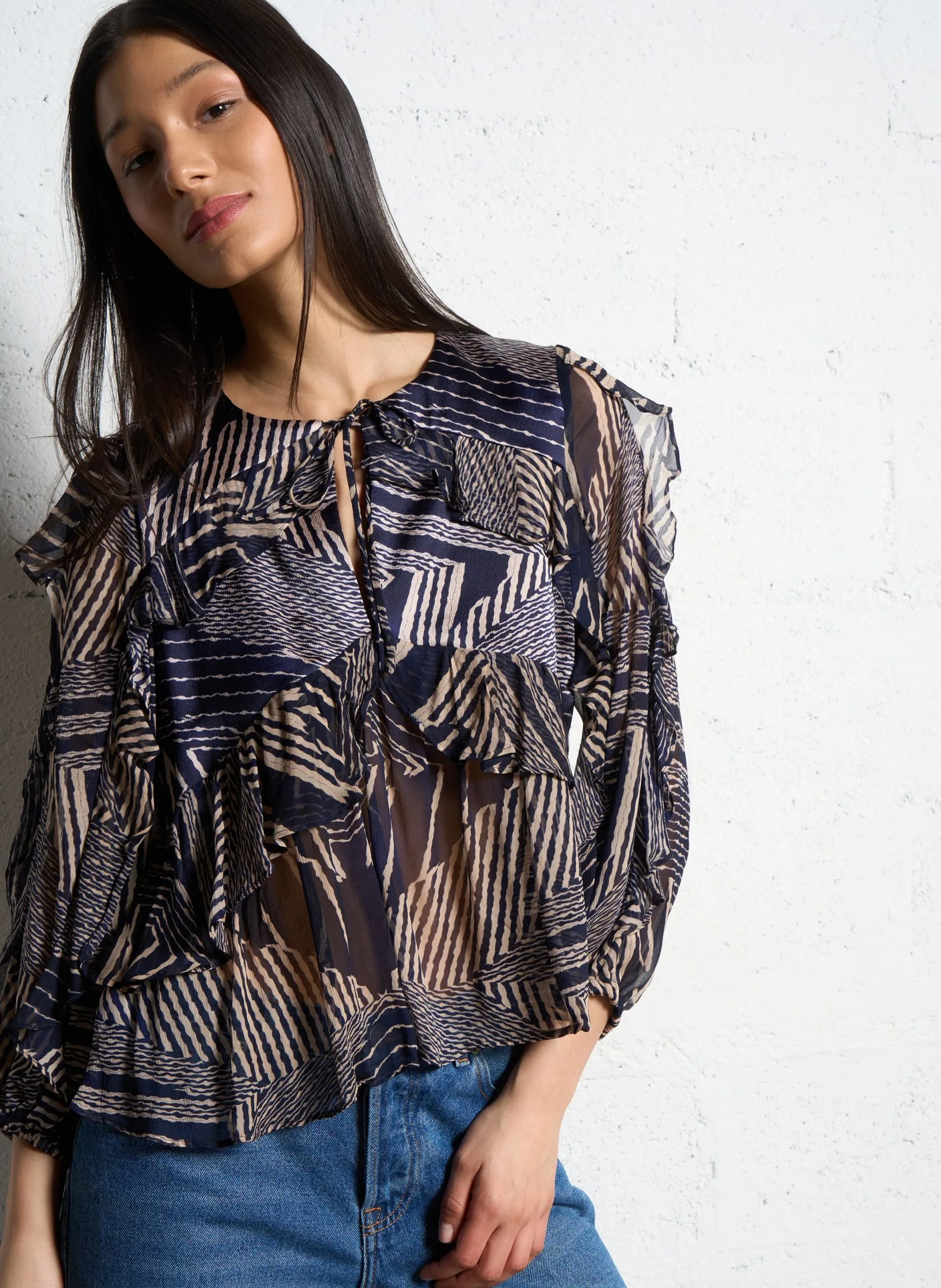 Blouse ample à volants imprimé Bleu ANGELA