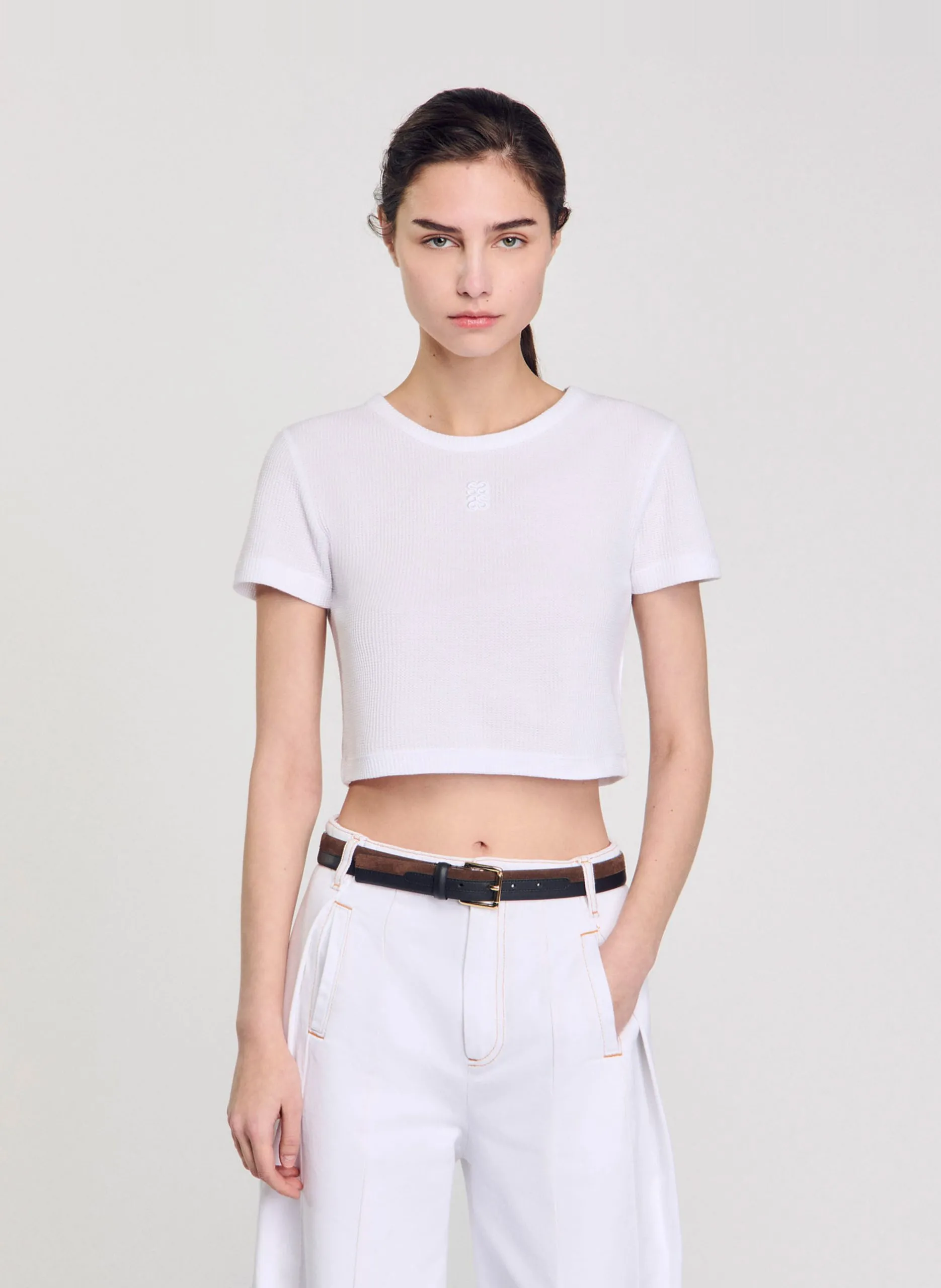 Tee-shirt court col rond en coton Blanc