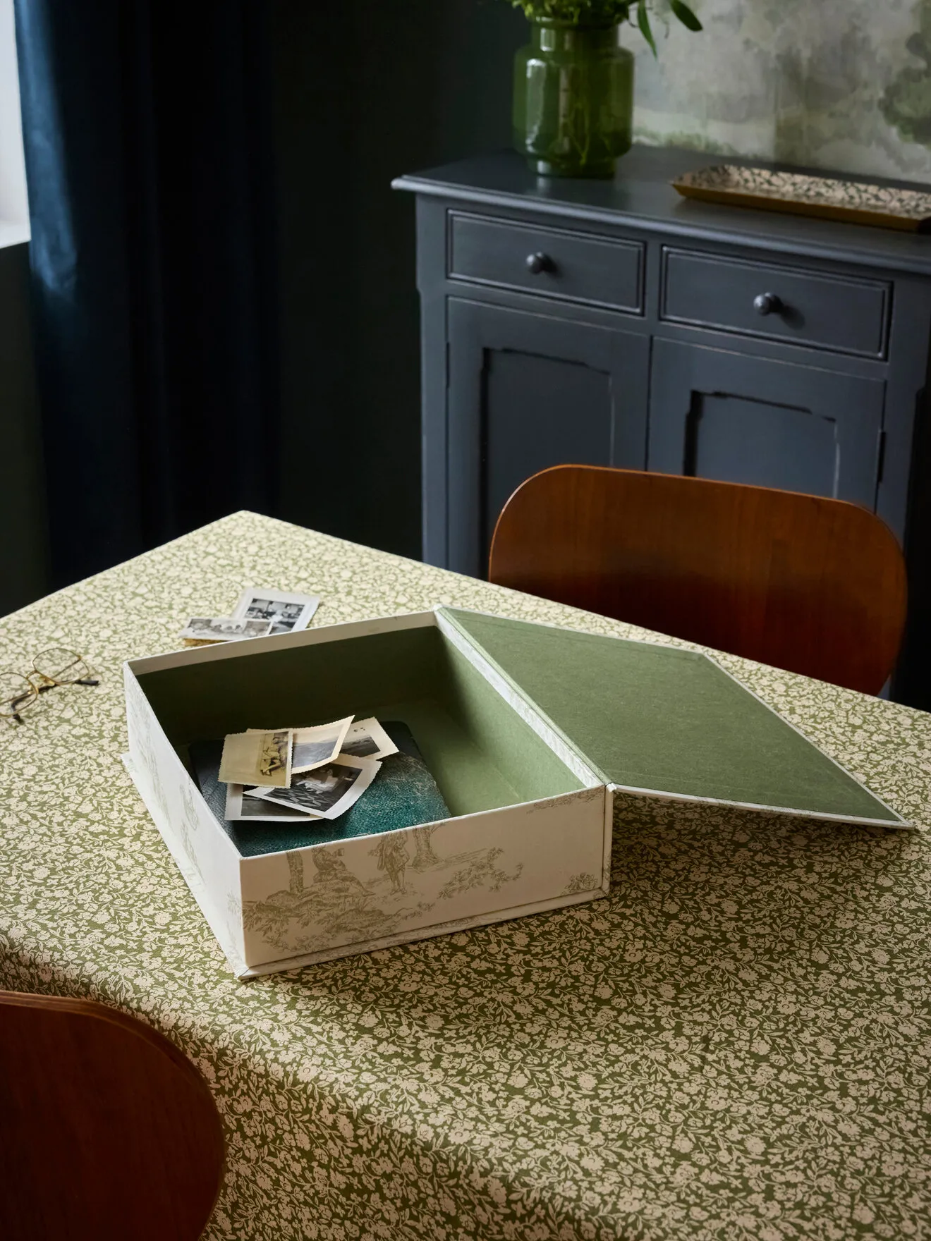 Boîte de rangement en tissu "esprit jouy" Vert