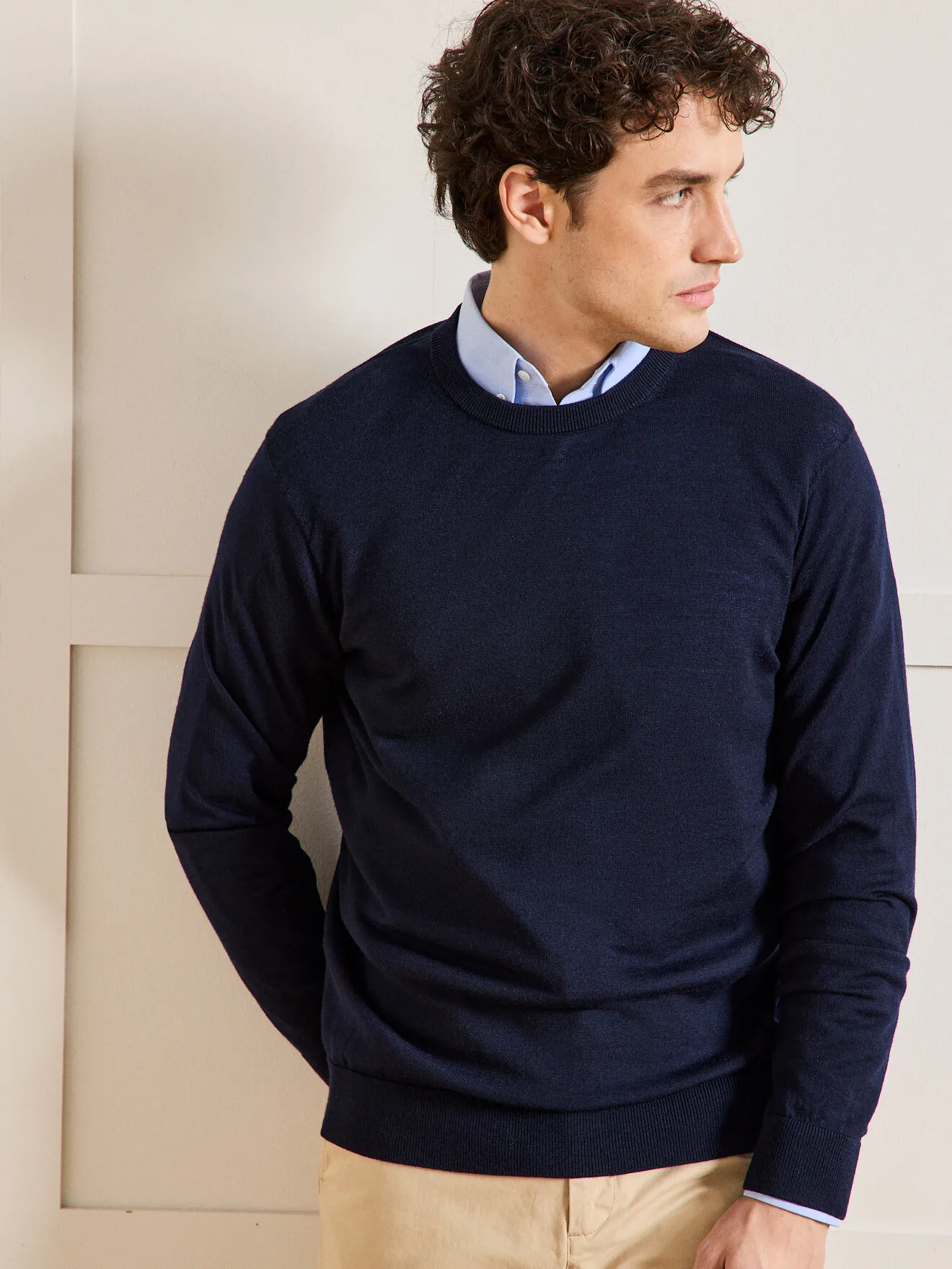 Pull fin col rond laine mérinos Bleu