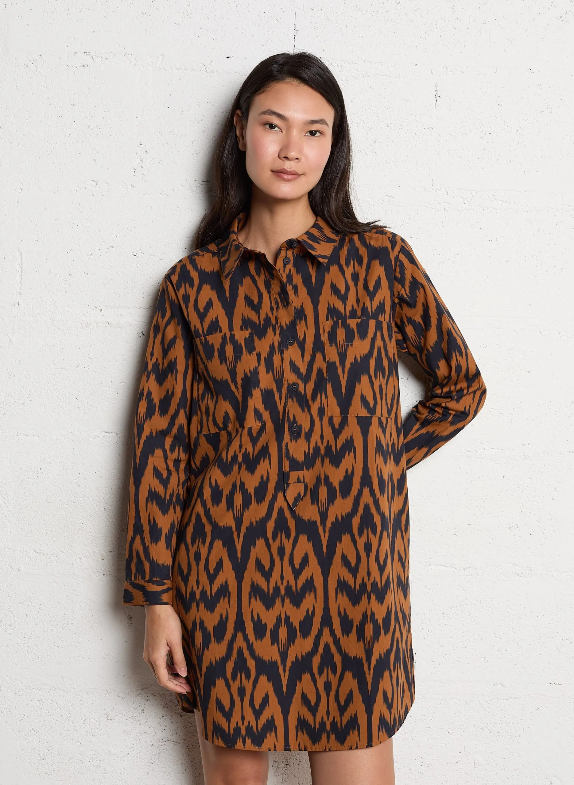 Robe courte col classique en coton Marron LISEA