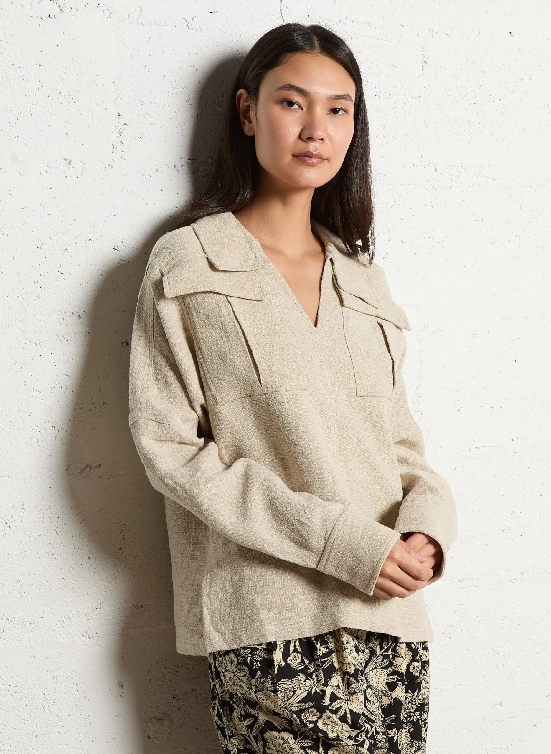 Top col v en lin Beige MATELOT