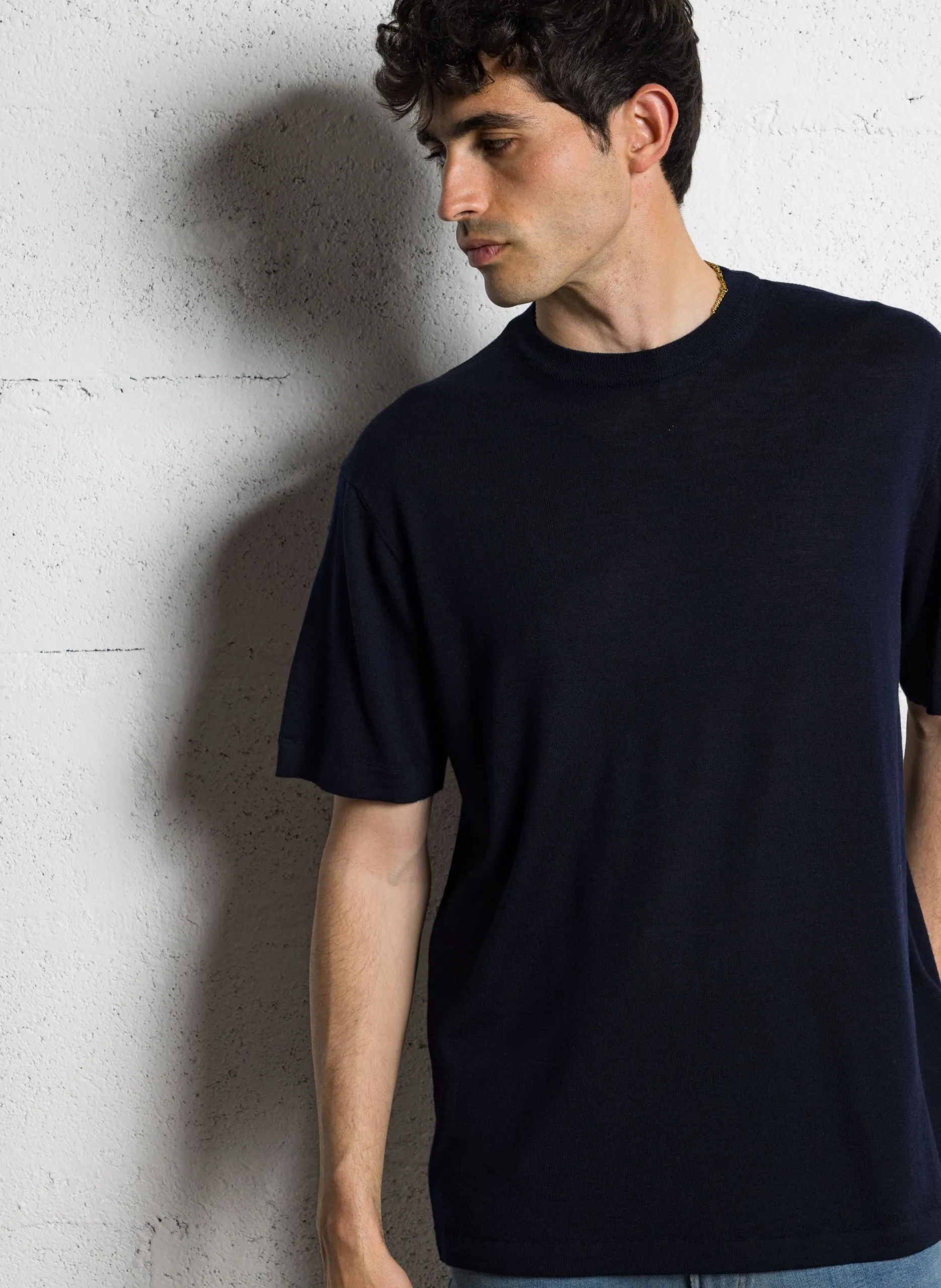 Tee-shirt col rond en laine Bleu