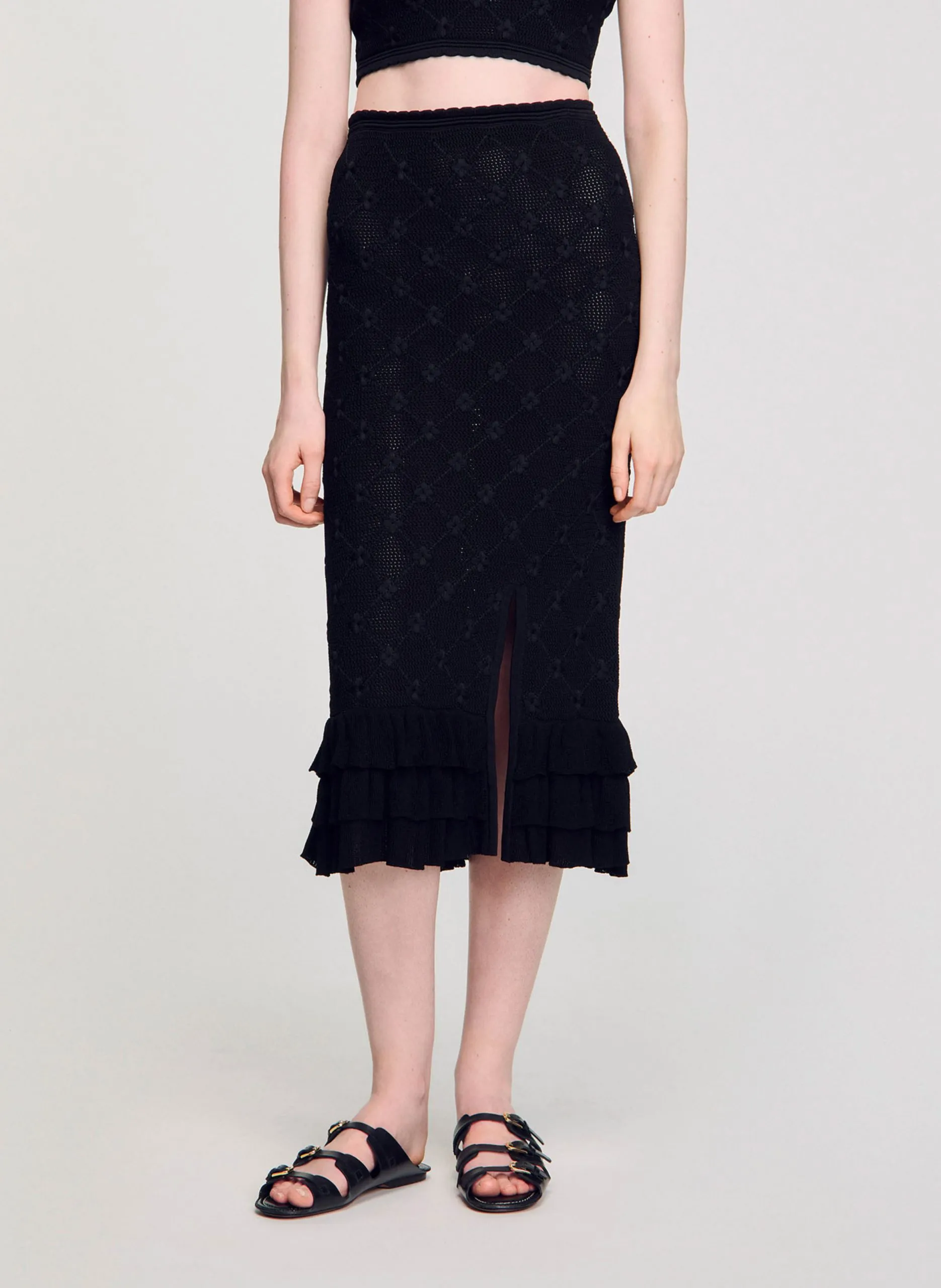 Jupe midi brodée en maille Noir