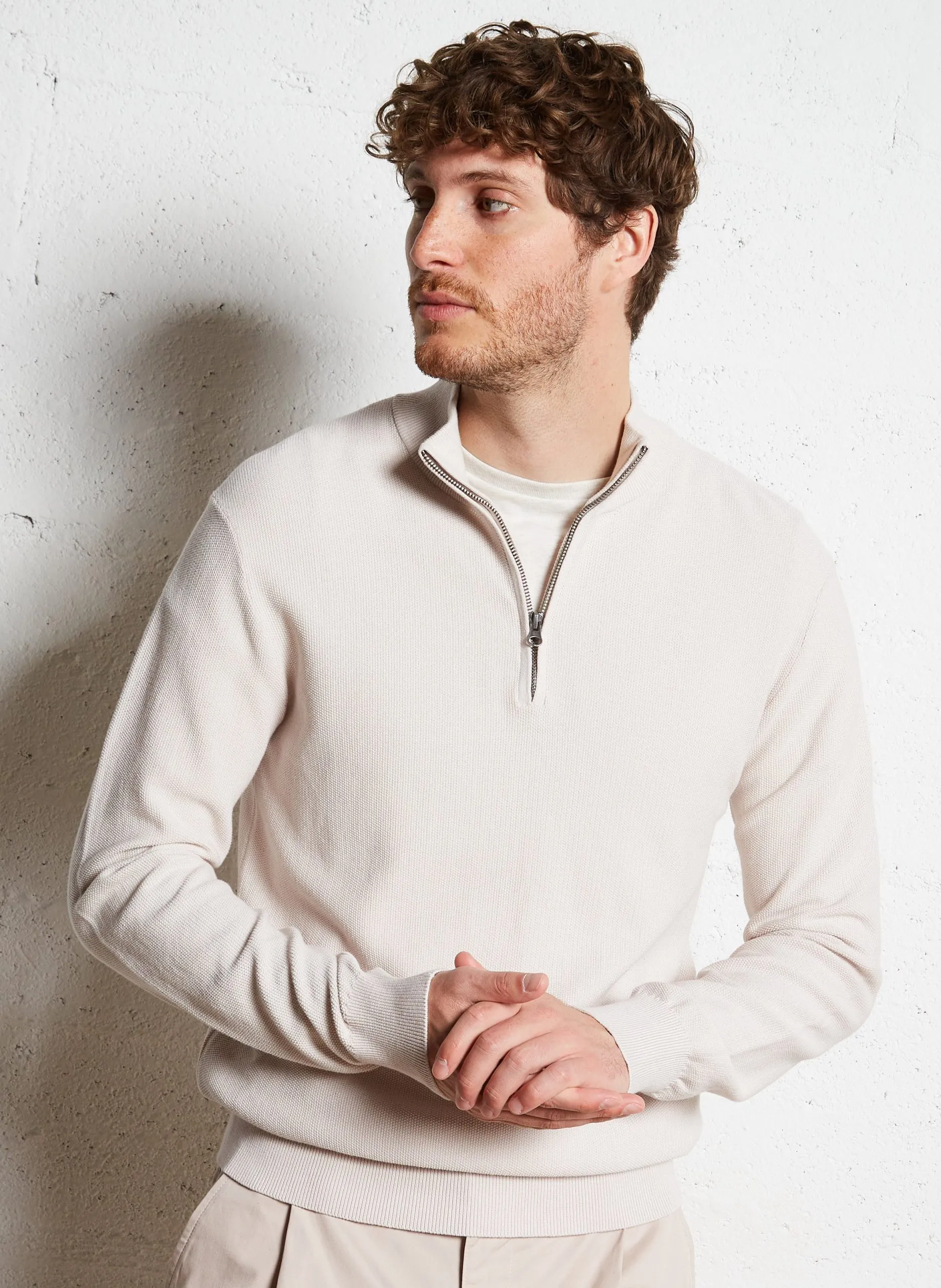 Pull col montant en coton Beige PIQUE TRUCKER