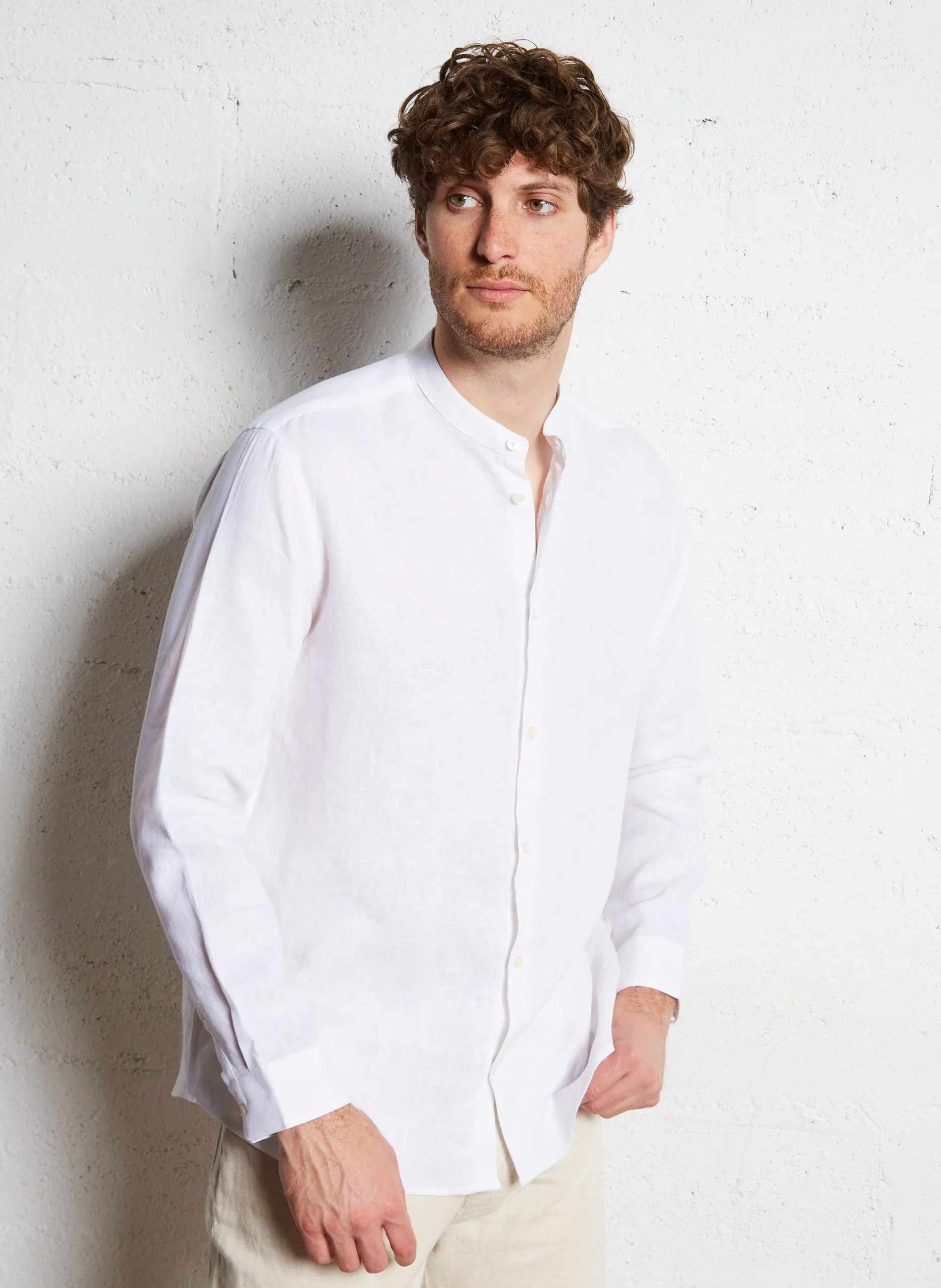 Chemise col mao en lin Blanc
