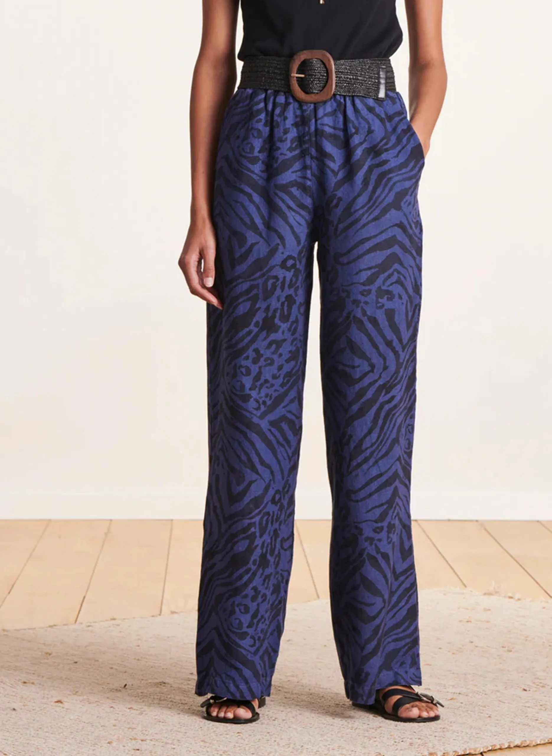 Pantalon large imprimé en lin Bleu
