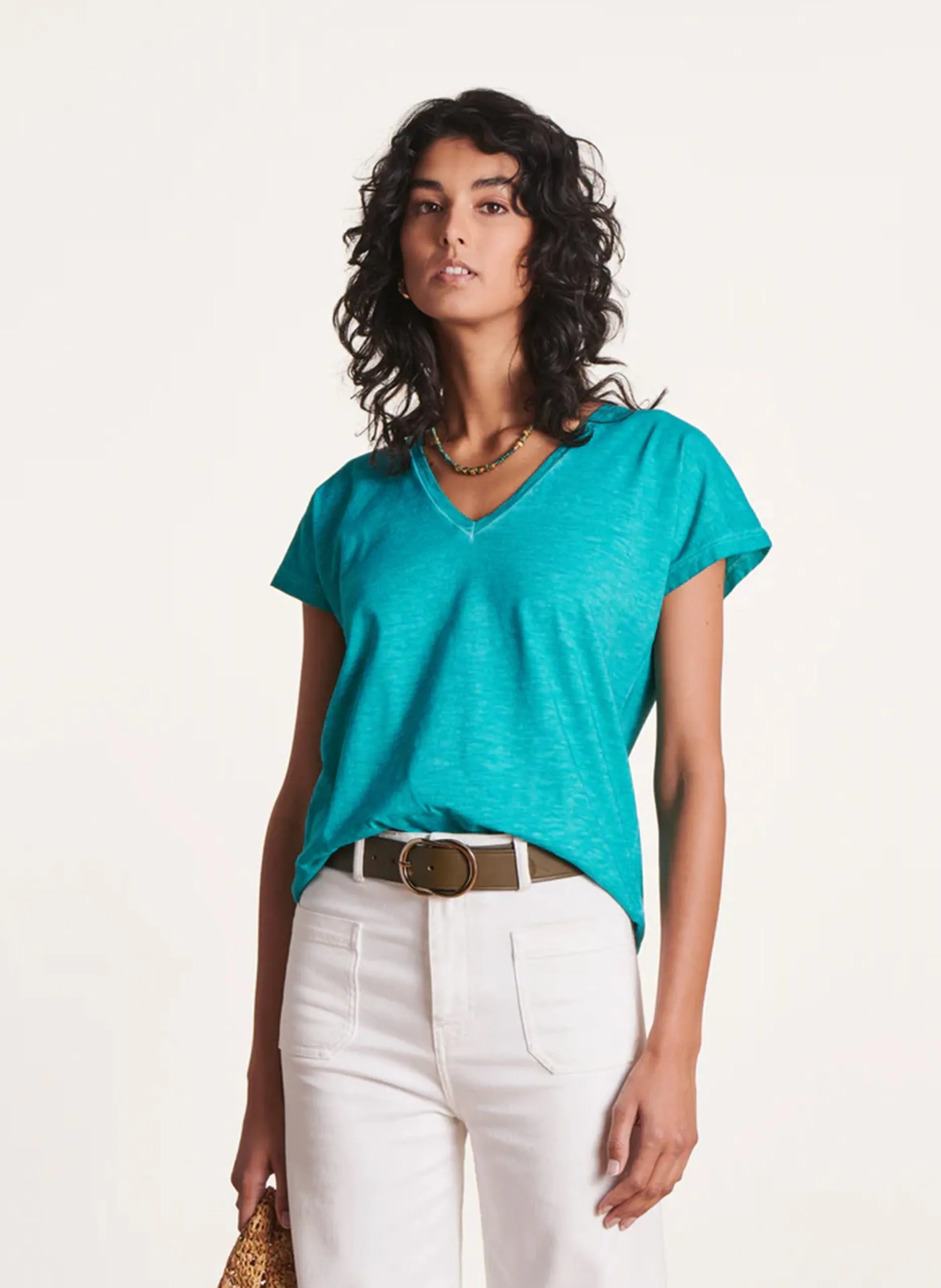 Tee-shirt col v en coton Bleu