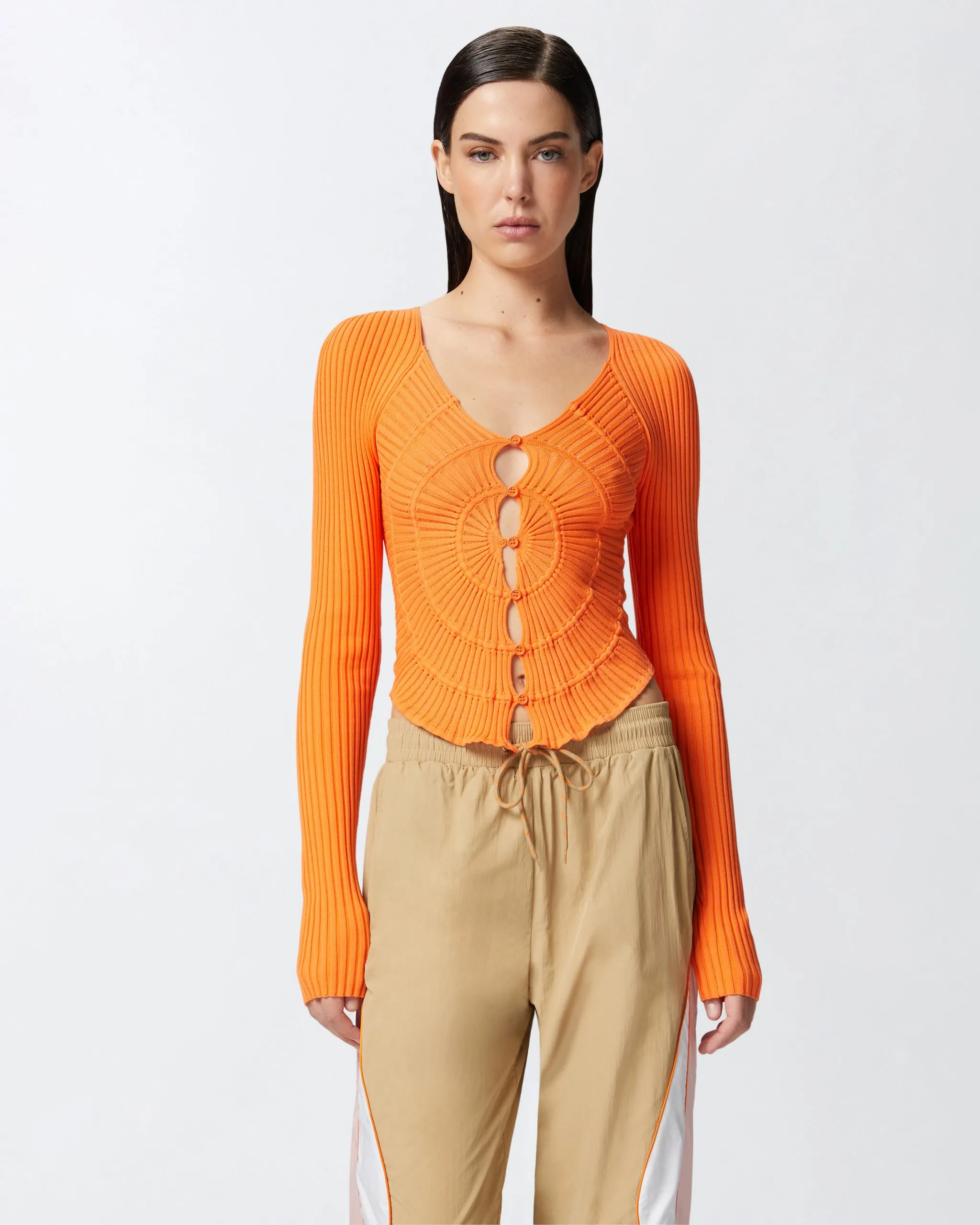 Cardigan côtelé ajusté à motif soleil Orange
