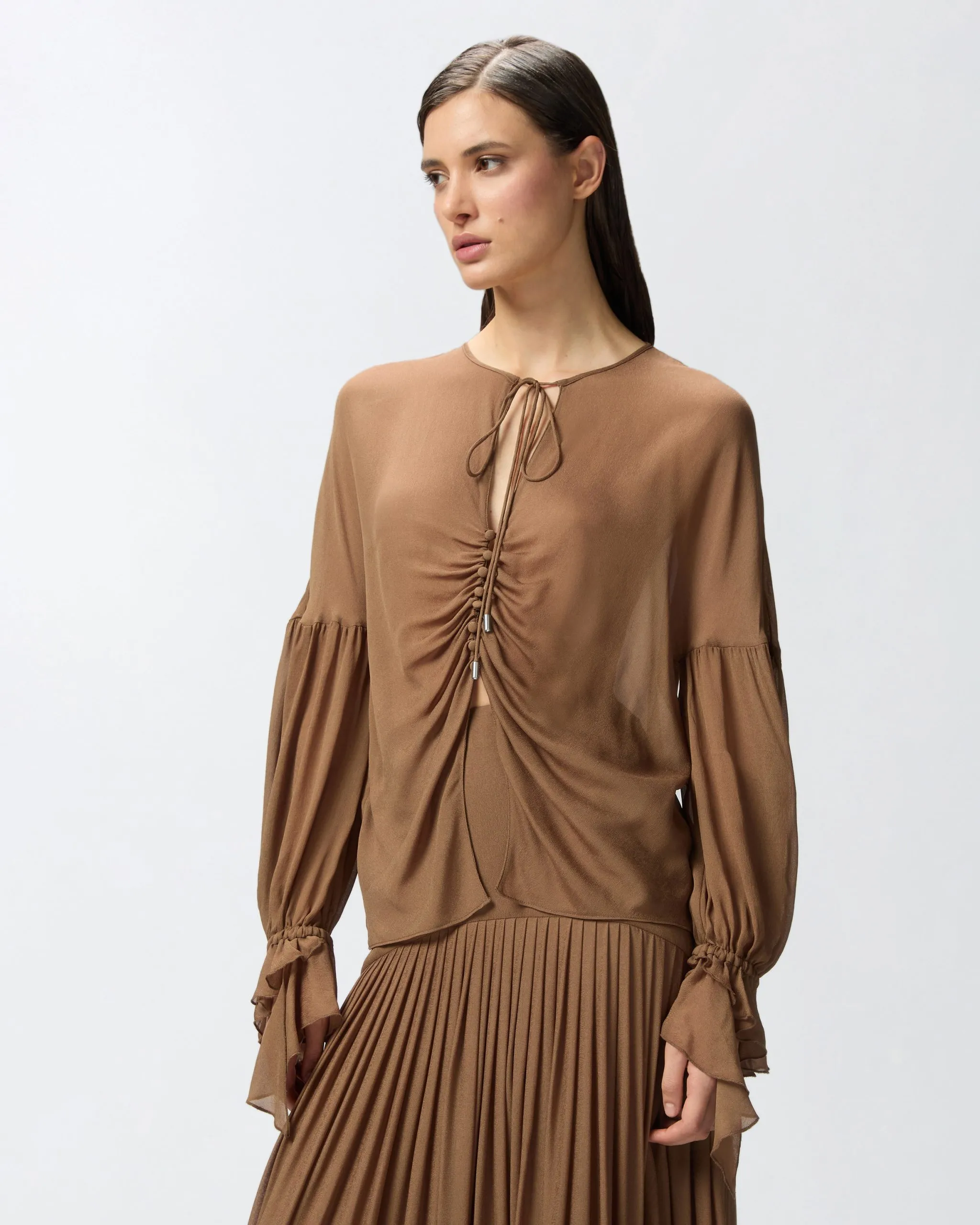 Blouse fluide à fronces et poignets volantés Marron
