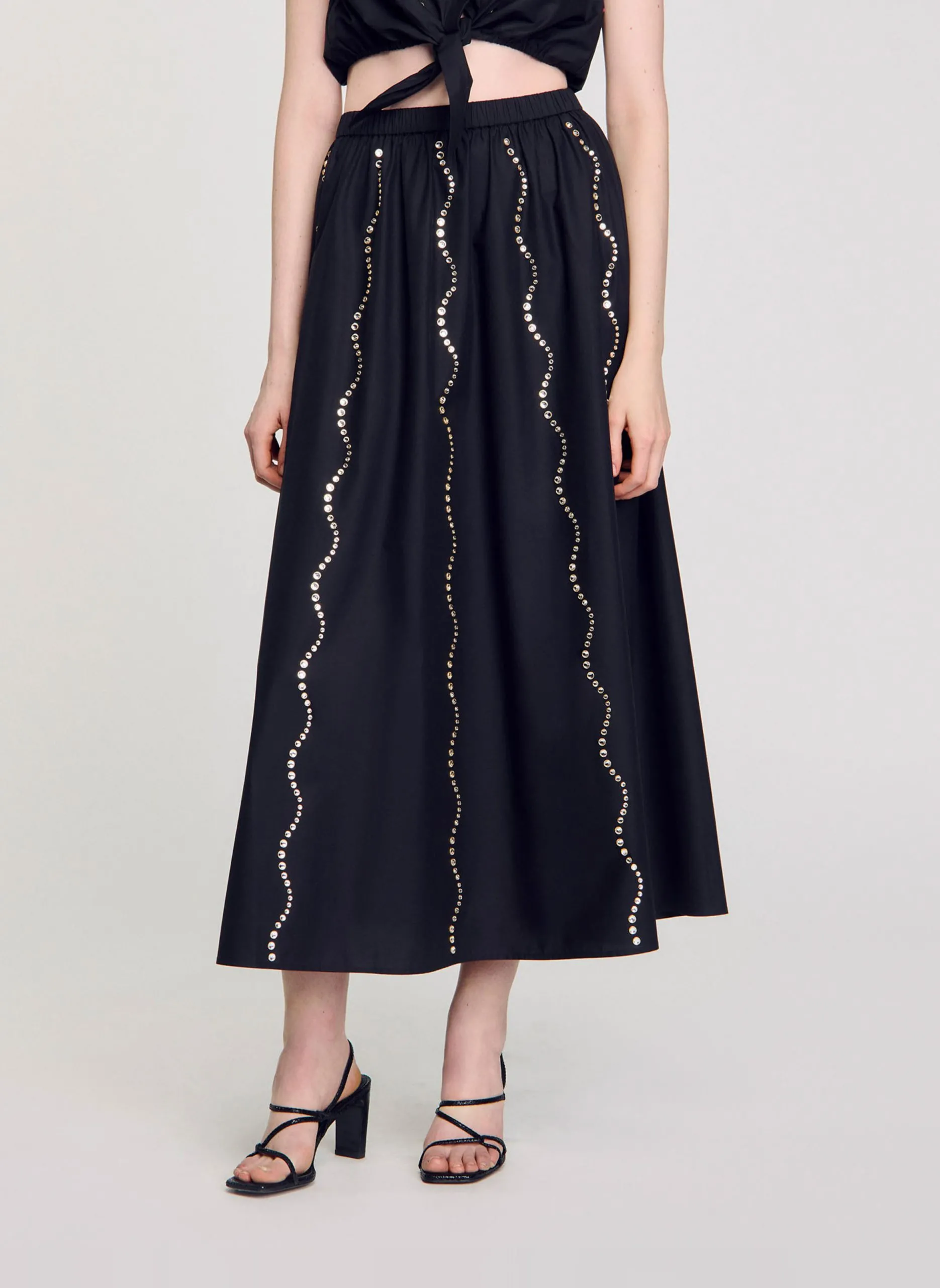 Jupe longue en coton strassée Noir