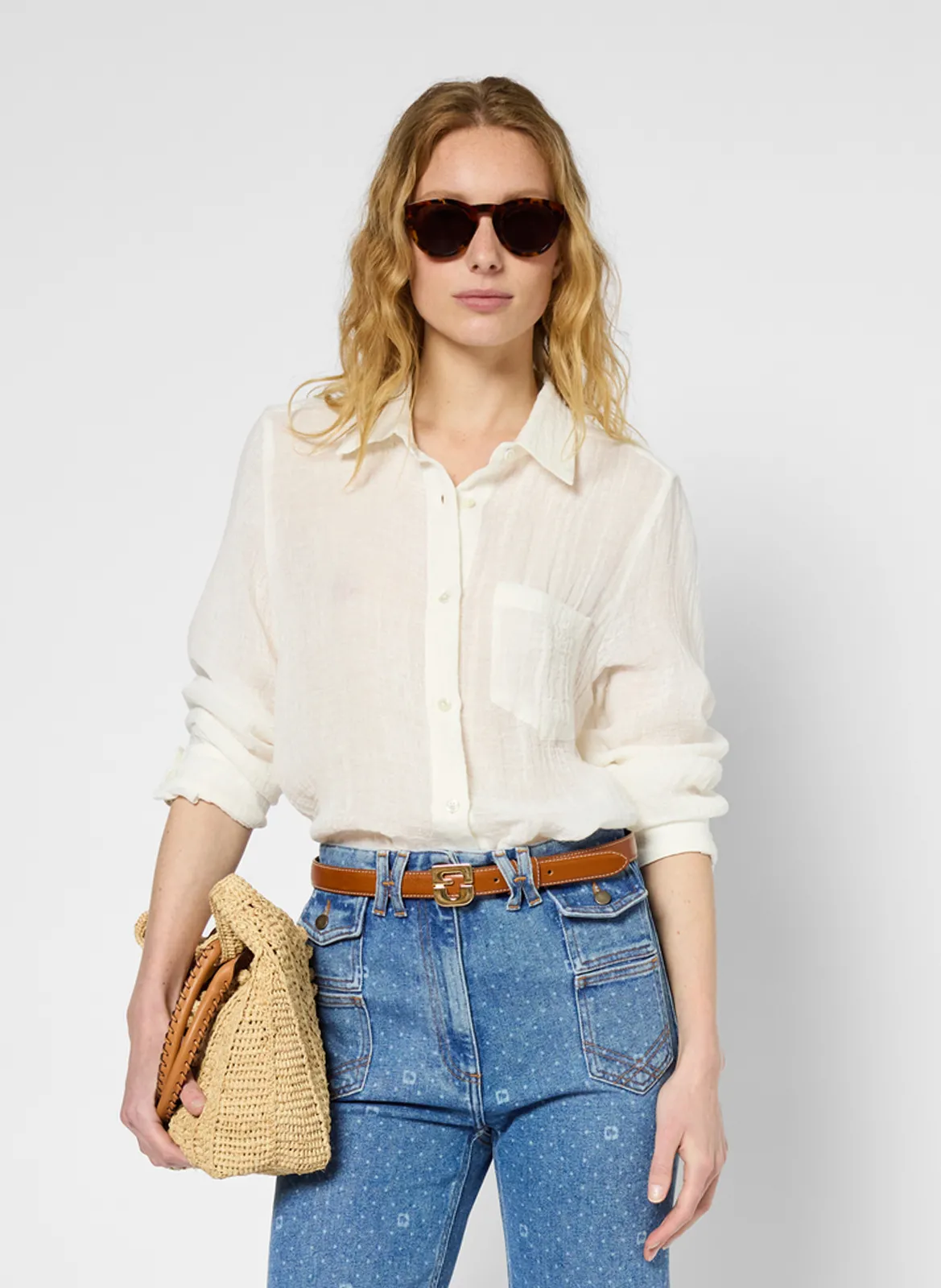 Chemise col classique en lin mélangé Beige UXANA