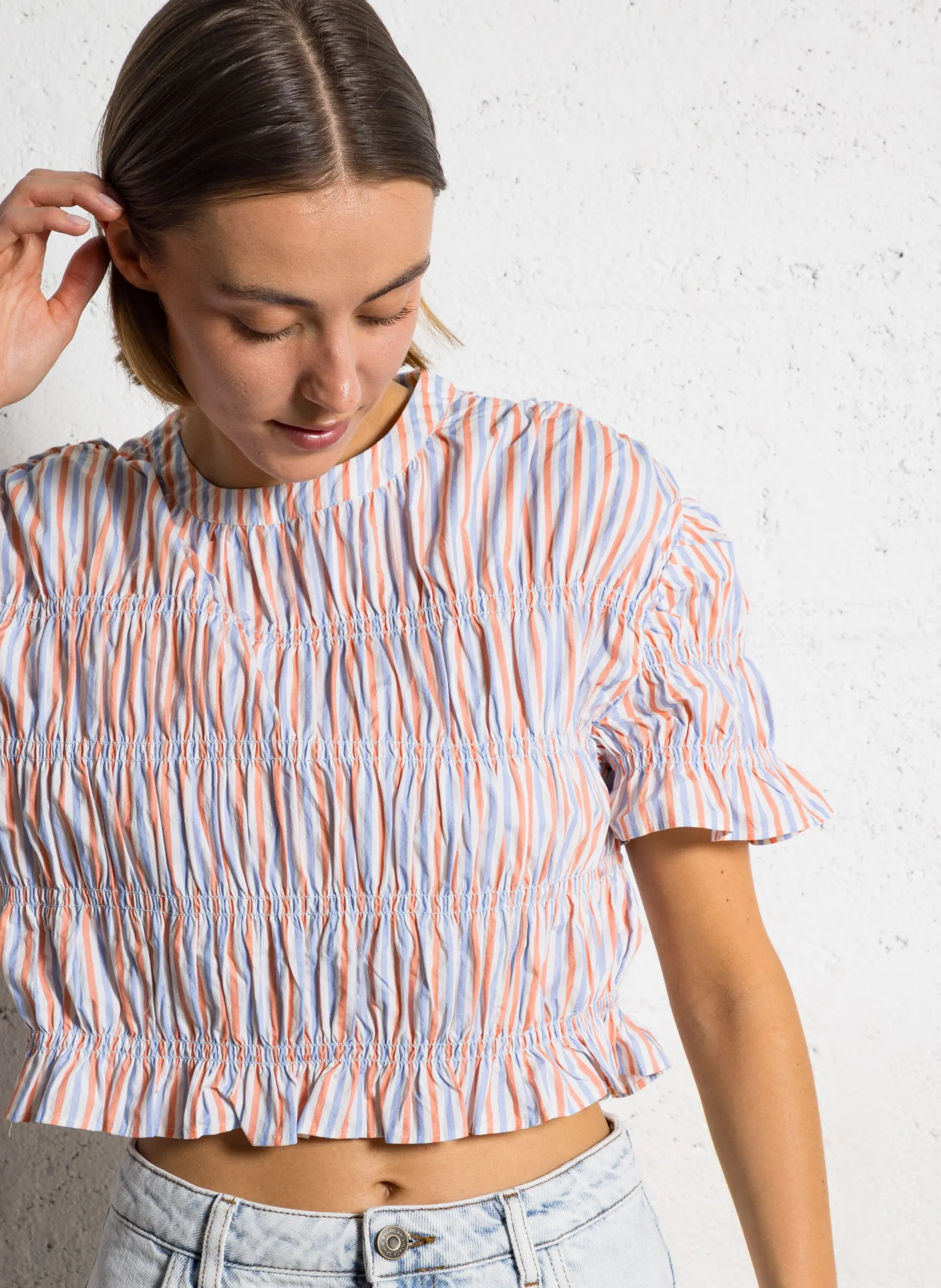 Top droit en coton rayé Multicolore