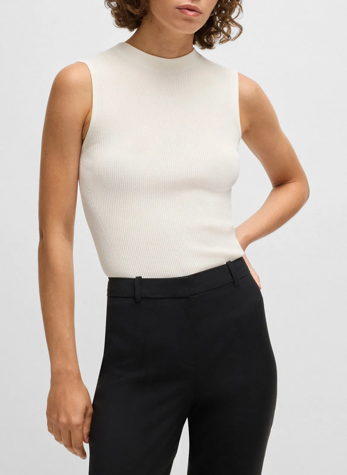 Tee-shirt côtelé sans manches à bords-côtes Beige