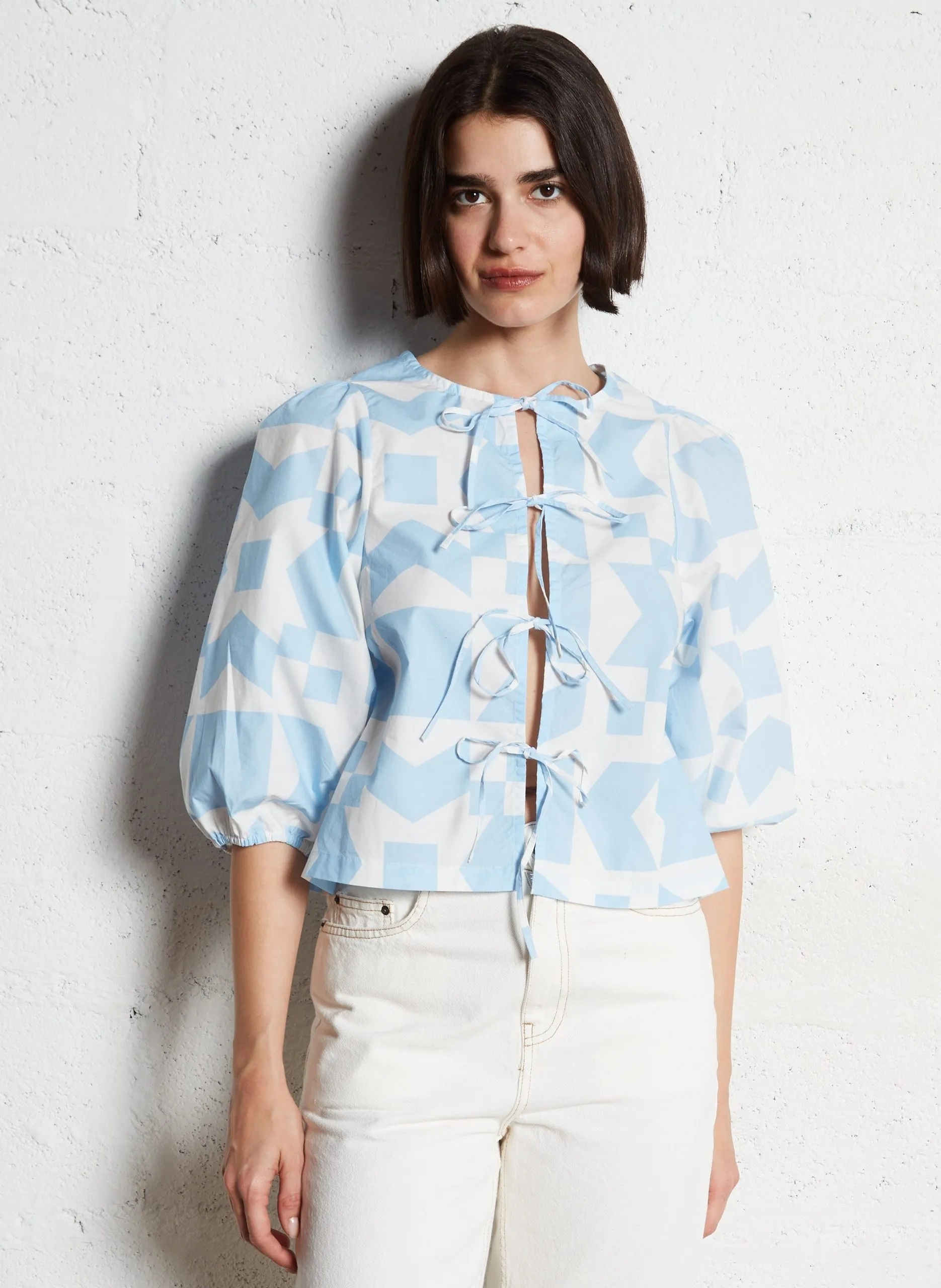 Blouse col rond en coton Bleu