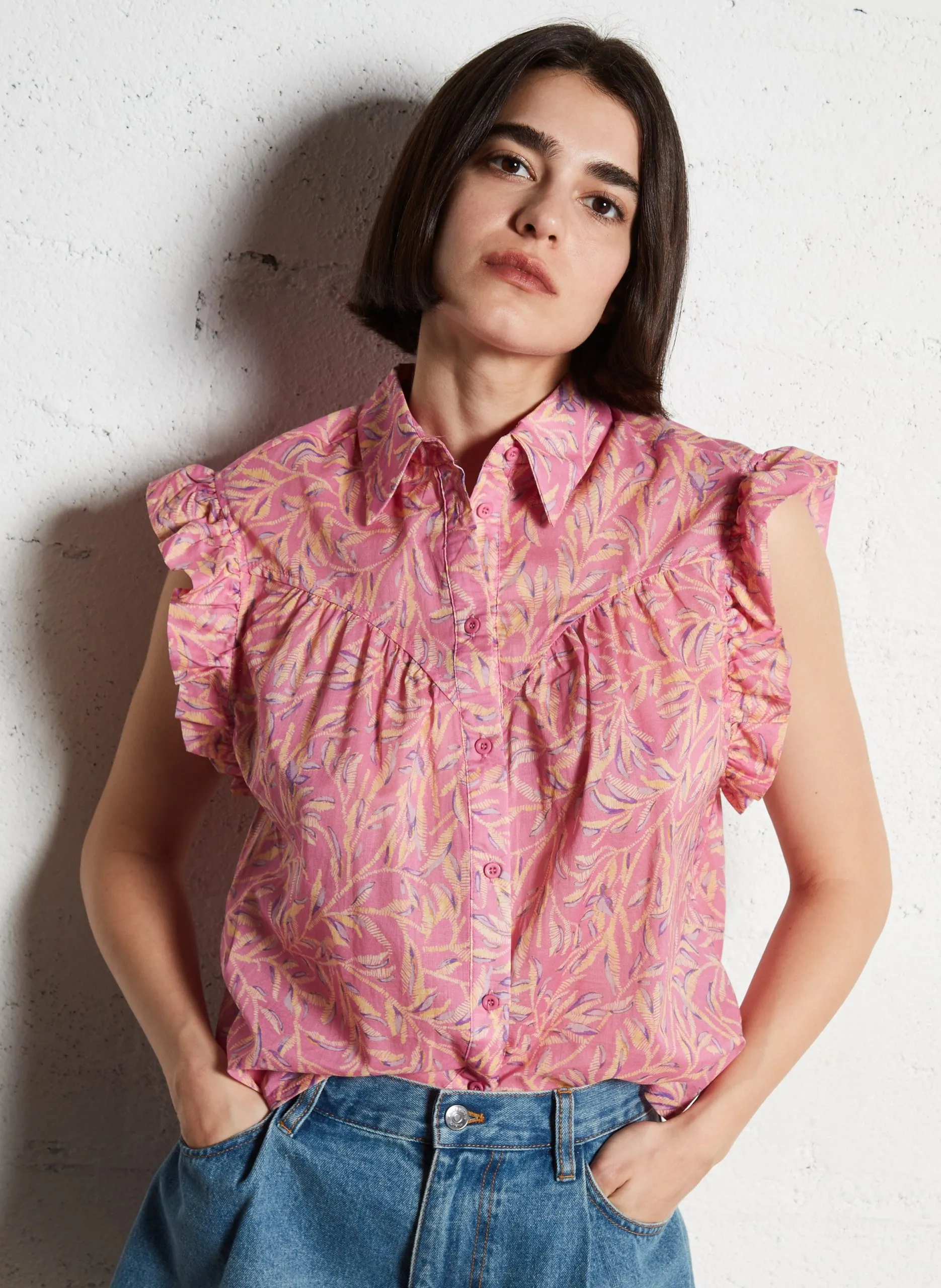 Blouse col classique en coton Rose