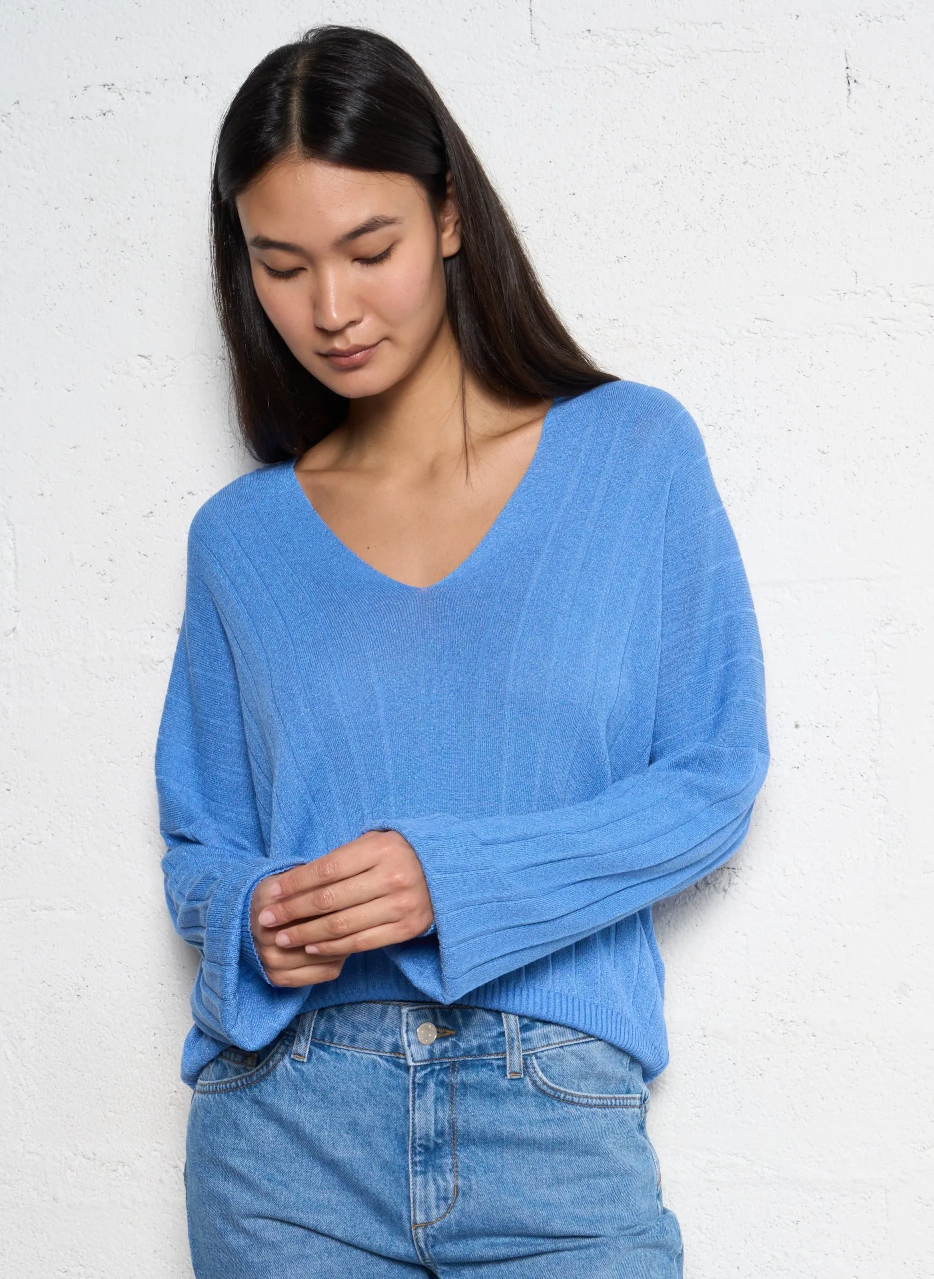 Pull droit en maille Bleu