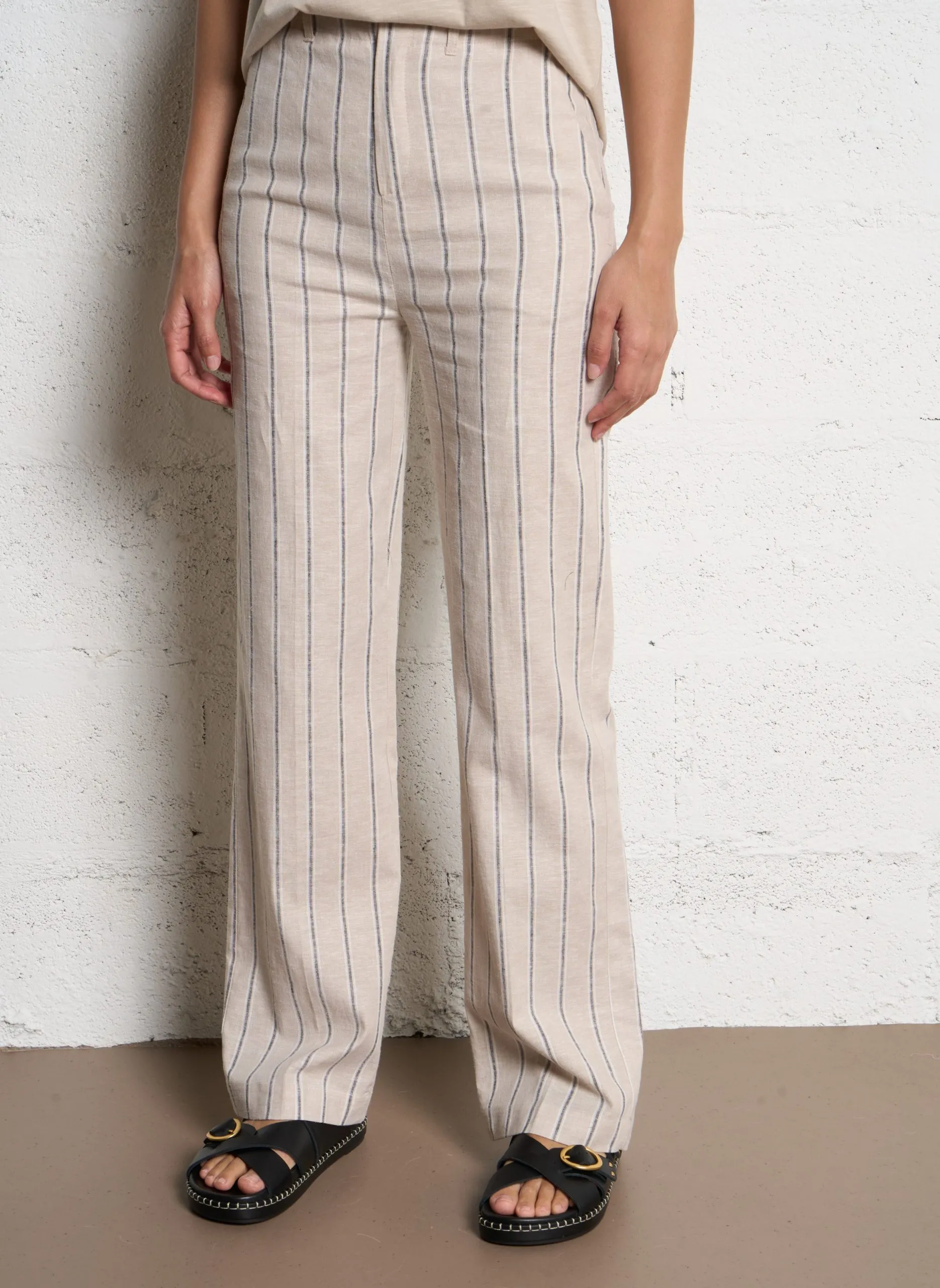 Pantalon large rayé en lin mélangé Blanc POHAM